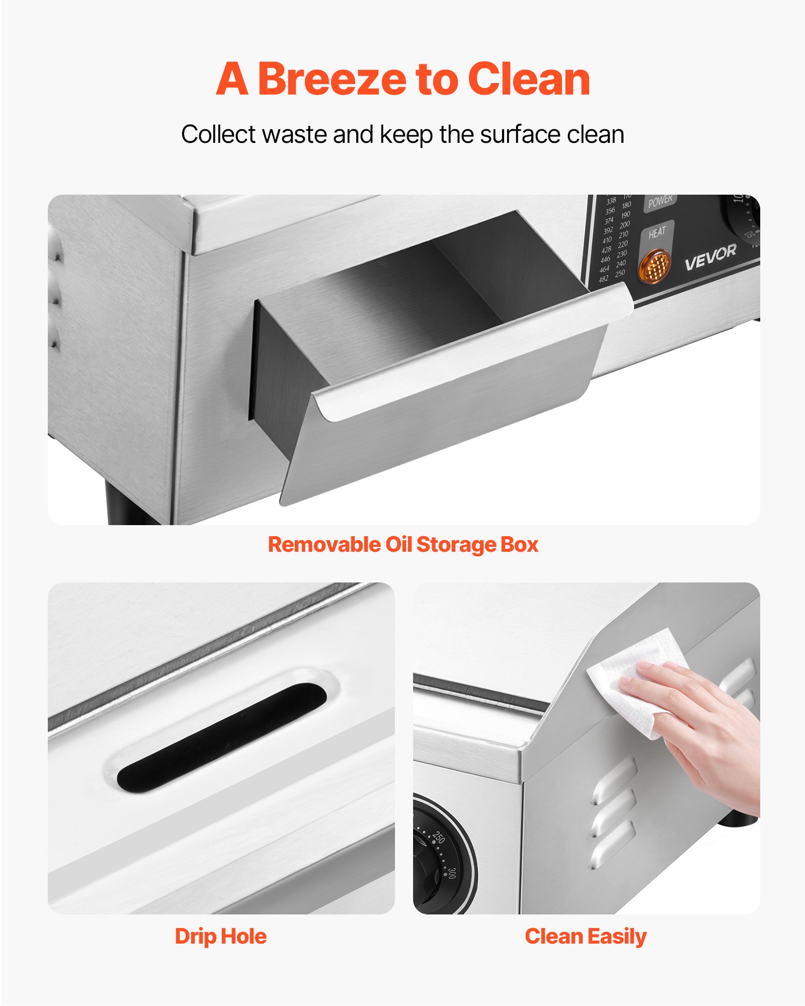 VEVOR Plancha Eléctrica 2000 W 355 x 300 mm, Control de Temperatura 50 a 300 °C, Parrilla de Encimera de Acero Inoxidable con Superficie Plana, con 2 Espátulas y 2 Cepillos, para Carne y Panqueques