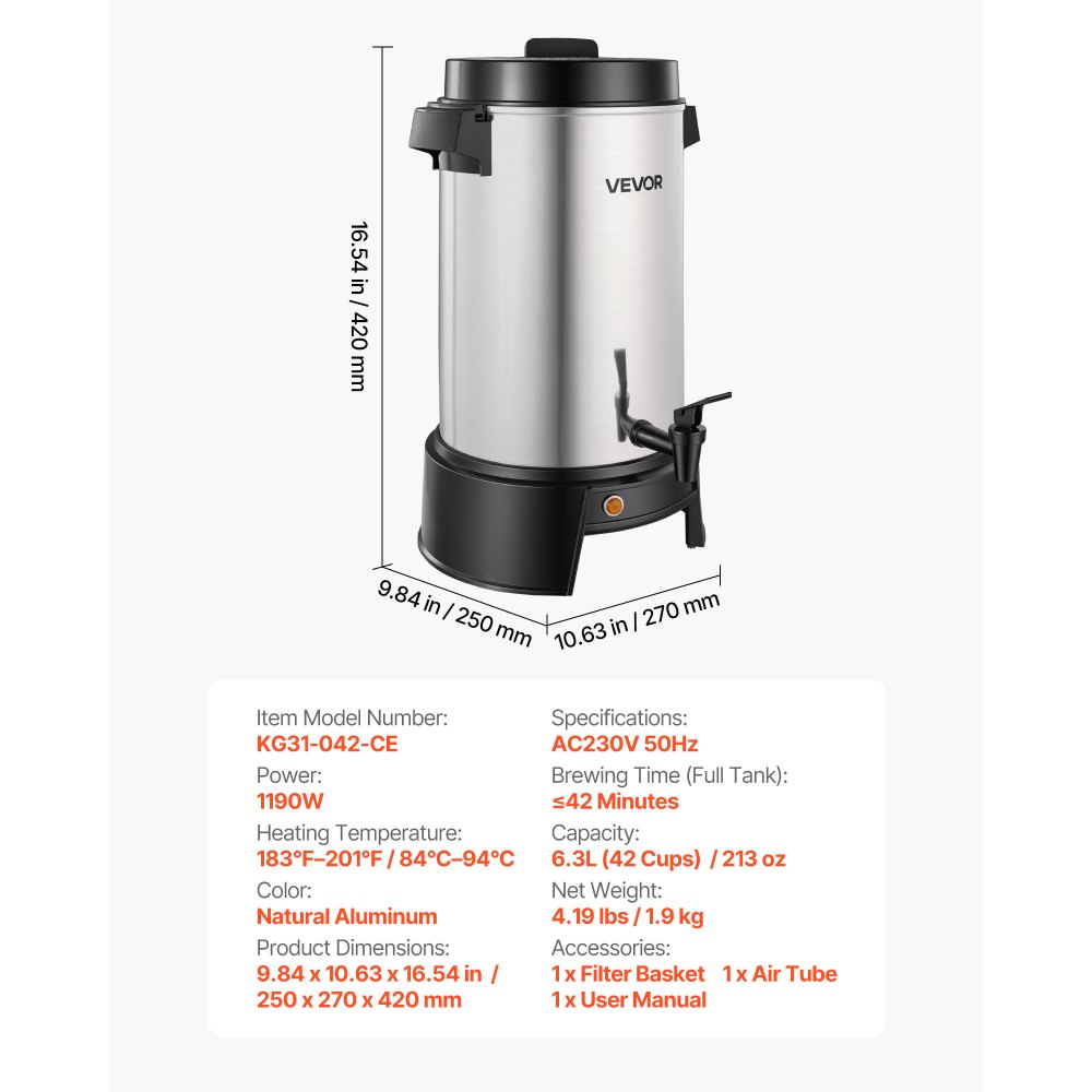 VEVOR Urna de Café 6,3 L para 42 Tazas a la Vez Cafetera Comercial 1190 W, Preparación Rápida, Con Grifo Antigoteo, Control Automático de Temperatura, 84°C-94°C, Para Catering, Fiestas, Restaurantes