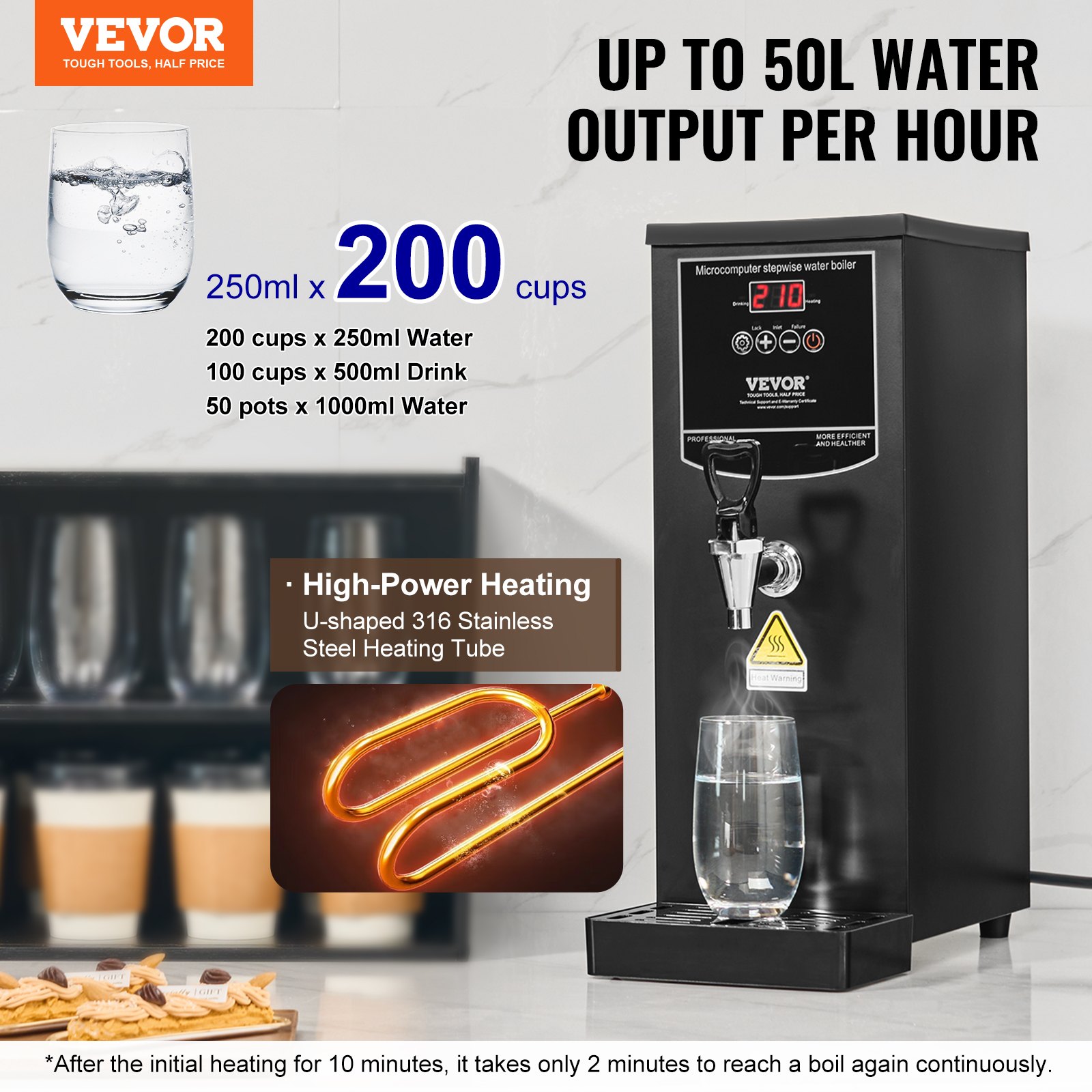 VEVOR Calentador de Agua Comercial 10 L, Dispensador Eléctrico de Agua Caliente 1500 W, con Tubo Calefactor de Acero Inoxidable 316, 50 L por Hora, para Cafeterías, Restaurantes, Hoteles, Oficinas
