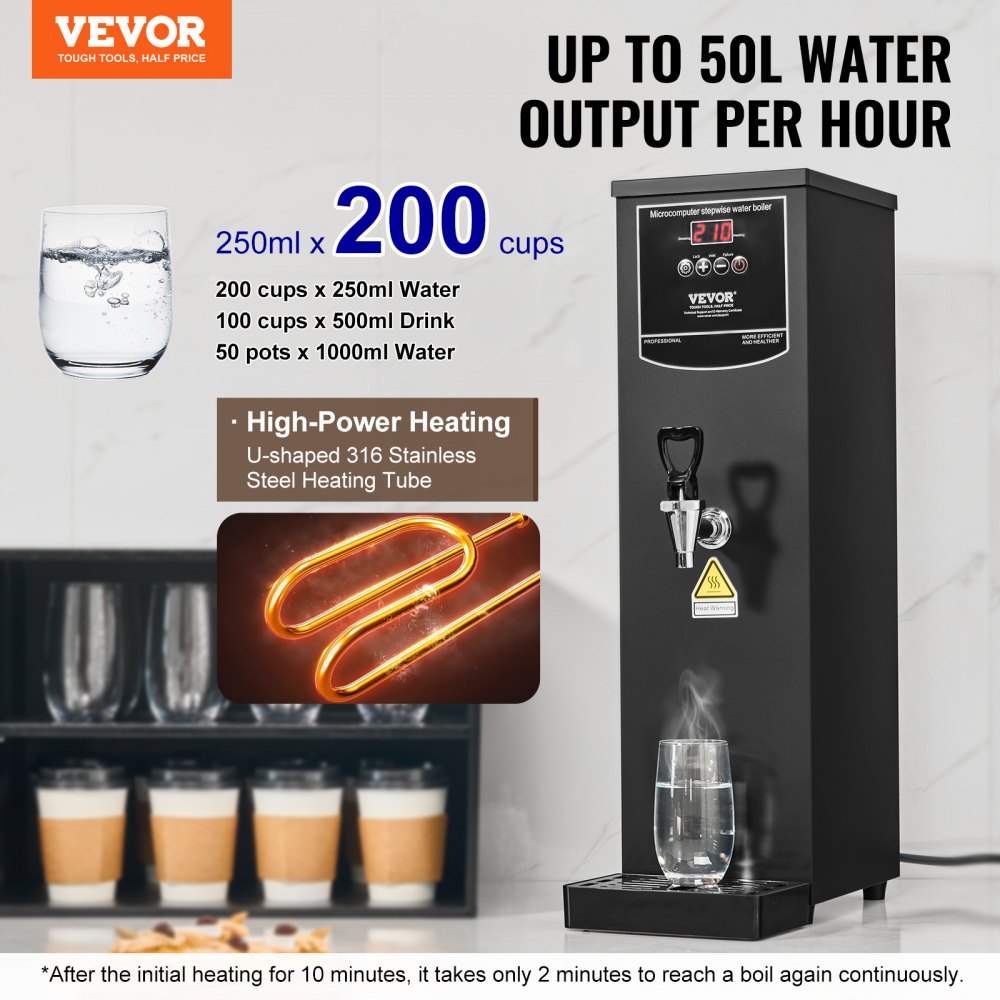 VEVOR Calentador de Agua Comercial 15 L, Dispensador Eléctrico de Agua Caliente 1500 W, 50 L por Hora, con Tubo Calefactor de Acero Inoxidable 316, para Cafeterías, Restaurantes, Hoteles, Oficinas