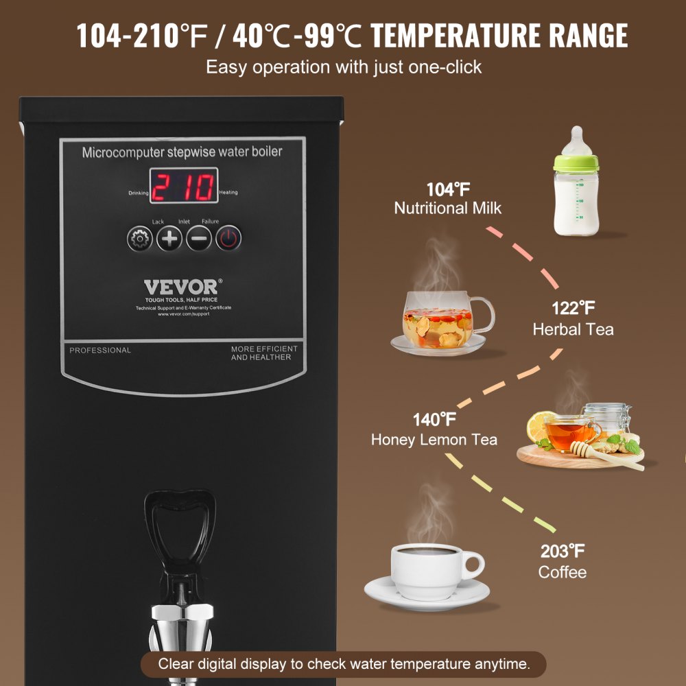 VEVOR Calentador de Agua Comercial 15 L, Dispensador Eléctrico de Agua Caliente 1500 W, 50 L por Hora, con Tubo Calefactor de Acero Inoxidable 316, para Cafeterías, Restaurantes, Hoteles, Oficinas