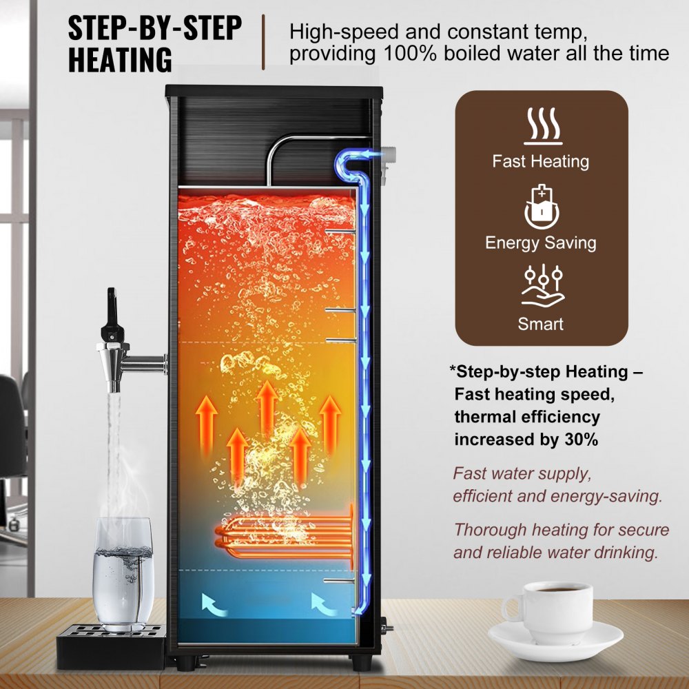VEVOR Calentador de Agua Comercial 15 L, Dispensador Eléctrico de Agua Caliente 1500 W, 50 L por Hora, con Tubo Calefactor de Acero Inoxidable 316, para Cafeterías, Restaurantes, Hoteles, Oficinas