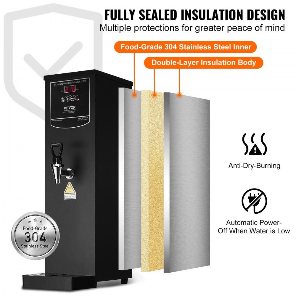 VEVOR Calentador de Agua Comercial 15 L, Dispensador Eléctrico de Agua Caliente 1500 W, 50 L por Hora, con Tubo Calefactor de Acero Inoxidable 316, para Cafeterías, Restaurantes, Hoteles, Oficinas