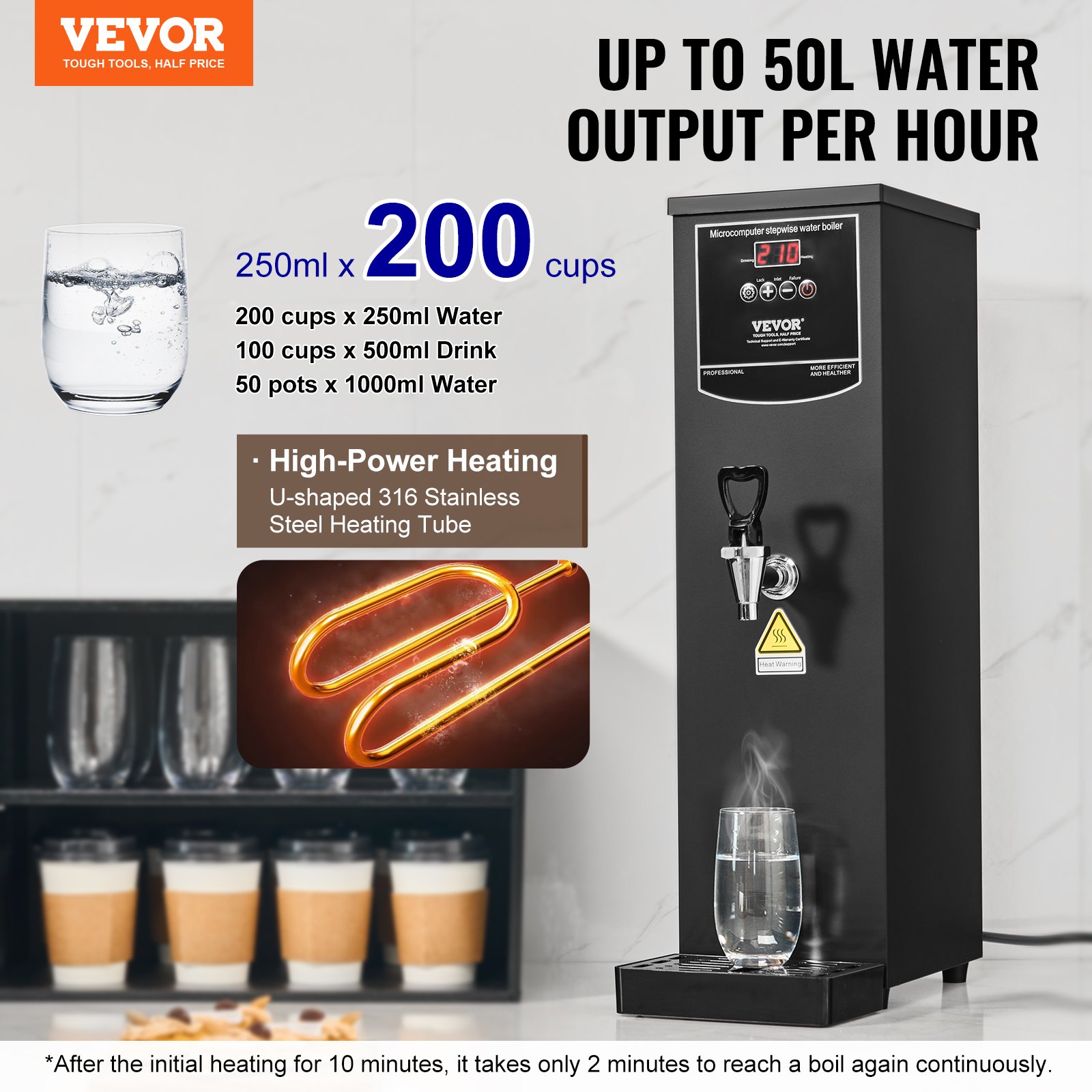 VEVOR Calentador de Agua Comercial 15 L, Dispensador Eléctrico de Agua Caliente 1500 W, 50 L por Hora, con Tubo Calefactor de Acero Inoxidable 316, para Cafeterías, Restaurantes, Hoteles, Oficinas