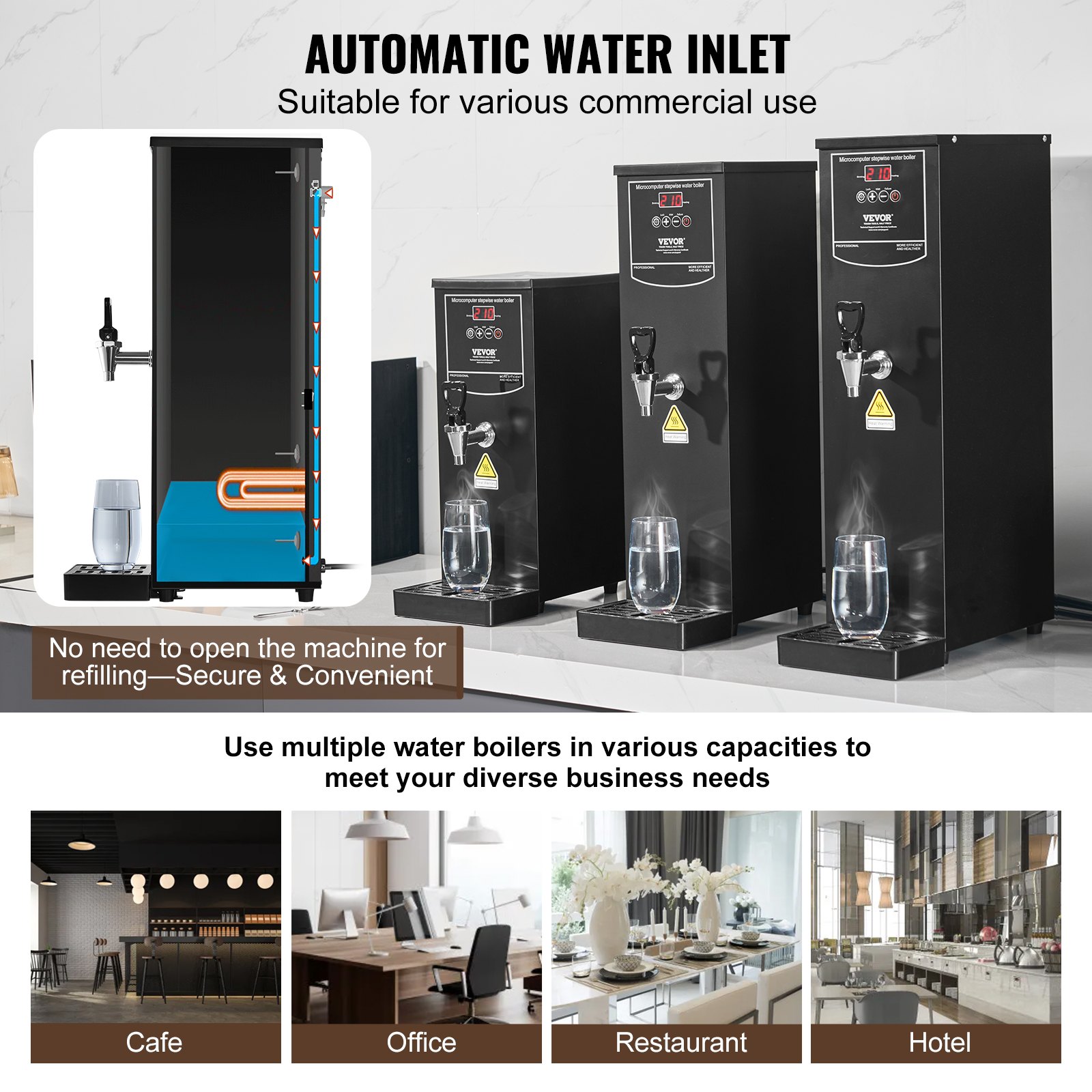 VEVOR Calentador de Agua Comercial 15 L, Dispensador Eléctrico de Agua Caliente 1500 W, 50 L por Hora, con Tubo Calefactor de Acero Inoxidable 316, para Cafeterías, Restaurantes, Hoteles, Oficinas