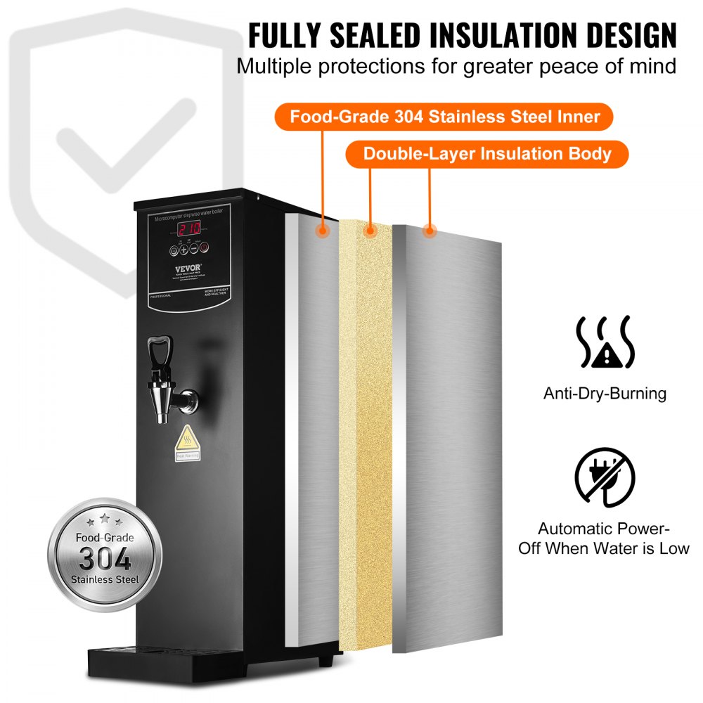 VEVOR Calentador de Agua Comercial 20 L, Dispensador Eléctrico de Agua Caliente 1500 W, con Tubo Calefactor de Acero Inoxidable 316, 50 L por Hora, para Cafeterías, Restaurantes, Hoteles, Oficinas