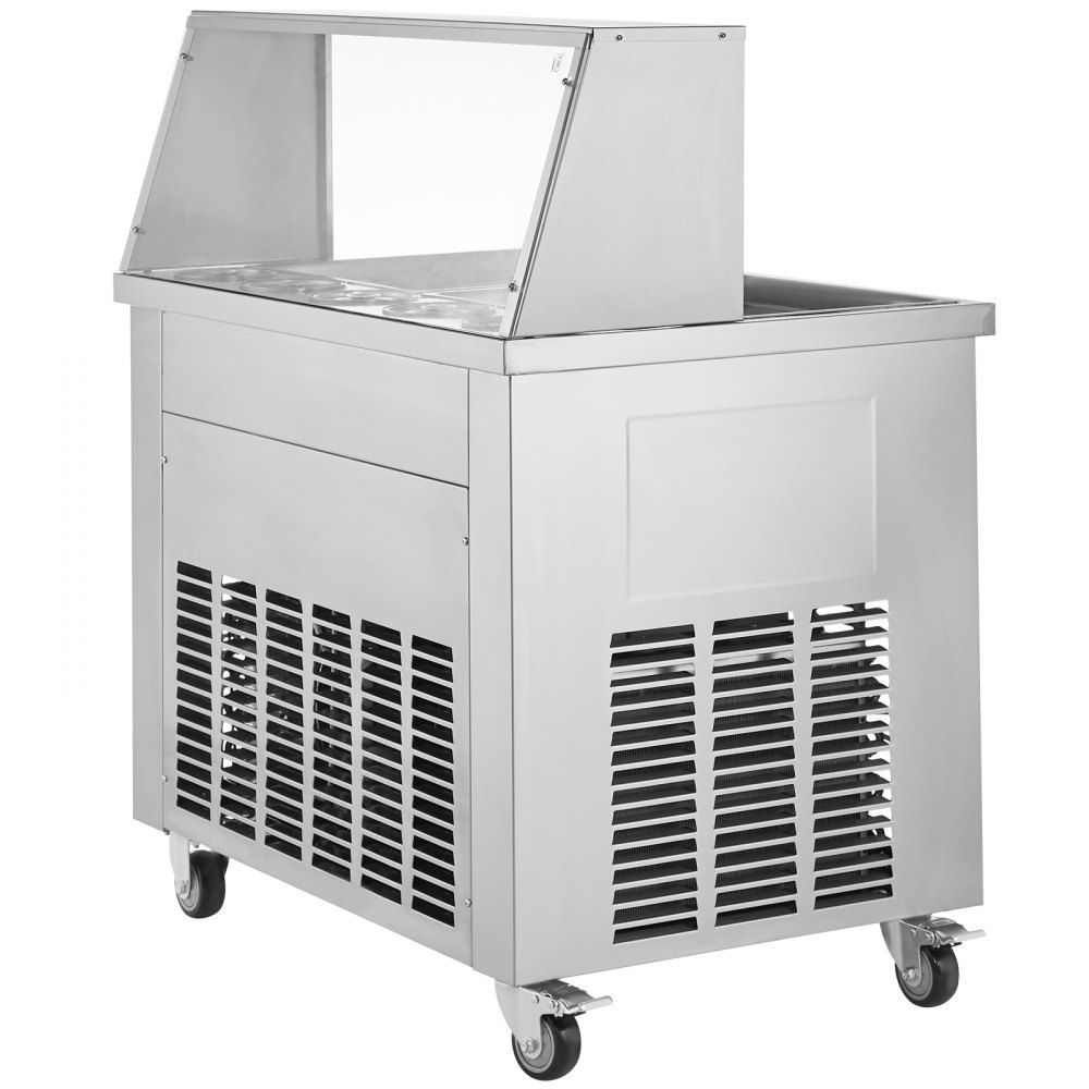 VEVOR Máquina de Laminados de Hielo con 2 Bandejas de 38x38 cm Plancha de Hielo Laminada Comercial de Acero Inoxidable Máquina de Laminación de Hielo con Compresor y 4 Raspadores para Confiterías