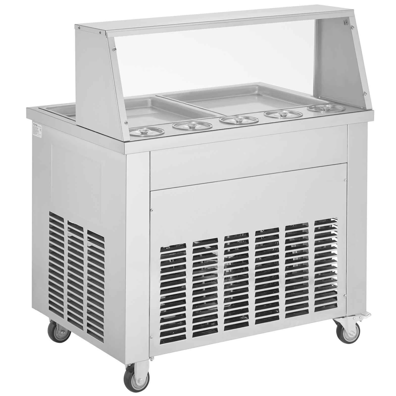 VEVOR Máquina de Laminados de Hielo con 2 Bandejas de 38x38 cm Plancha de Hielo Laminada Comercial de Acero Inoxidable Máquina de Laminación de Hielo con Compresor y 4 Raspadores para Confiterías