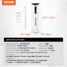 VEVOR Humidificador Comercial 9 L Vapor Frío/Caliente 30-40 m² 19 x 19 x 111 cm