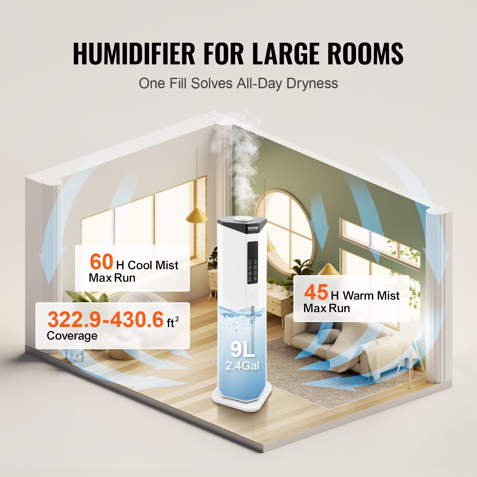 VEVOR Humidificador Comercial 9 L Vapor Frío/Caliente 30-40 m² 19 x 19 x 111 cm