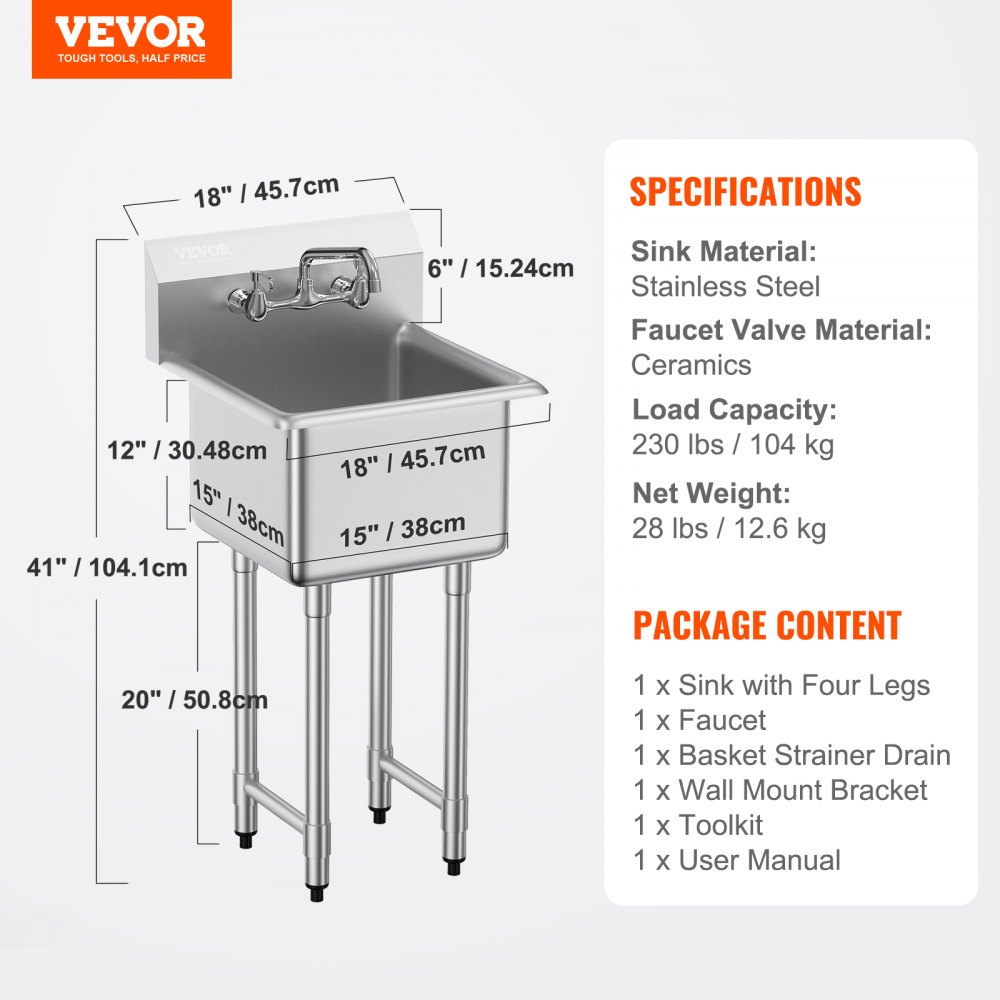 VEVOR Stainless Steel Sink Unit, Commercial Sink, 457 x 381 x 1041 mm, Stainless Steel Sink with Faucet, 104 kg Load Capacity, Stainless Steel Kitchen Sink, Freestanding Sink