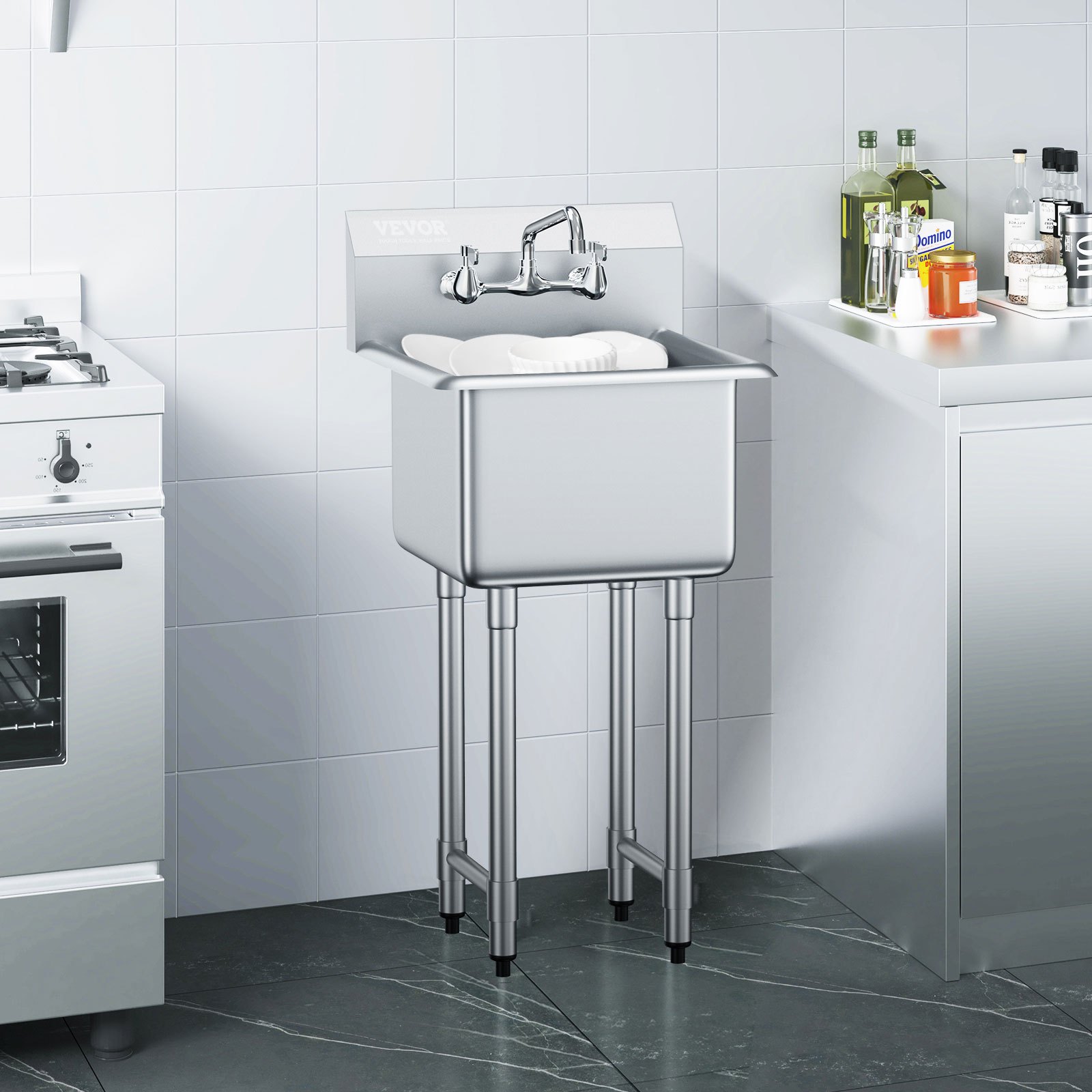 VEVOR Fregadero de Acero Inoxidable, Fregadero de Pedestal Pequeño de 1 Seno, 38x38 cm con Grifo y Patas, Fregadero Comercial para Garaje, Restaurante, Cocina, Lavadero