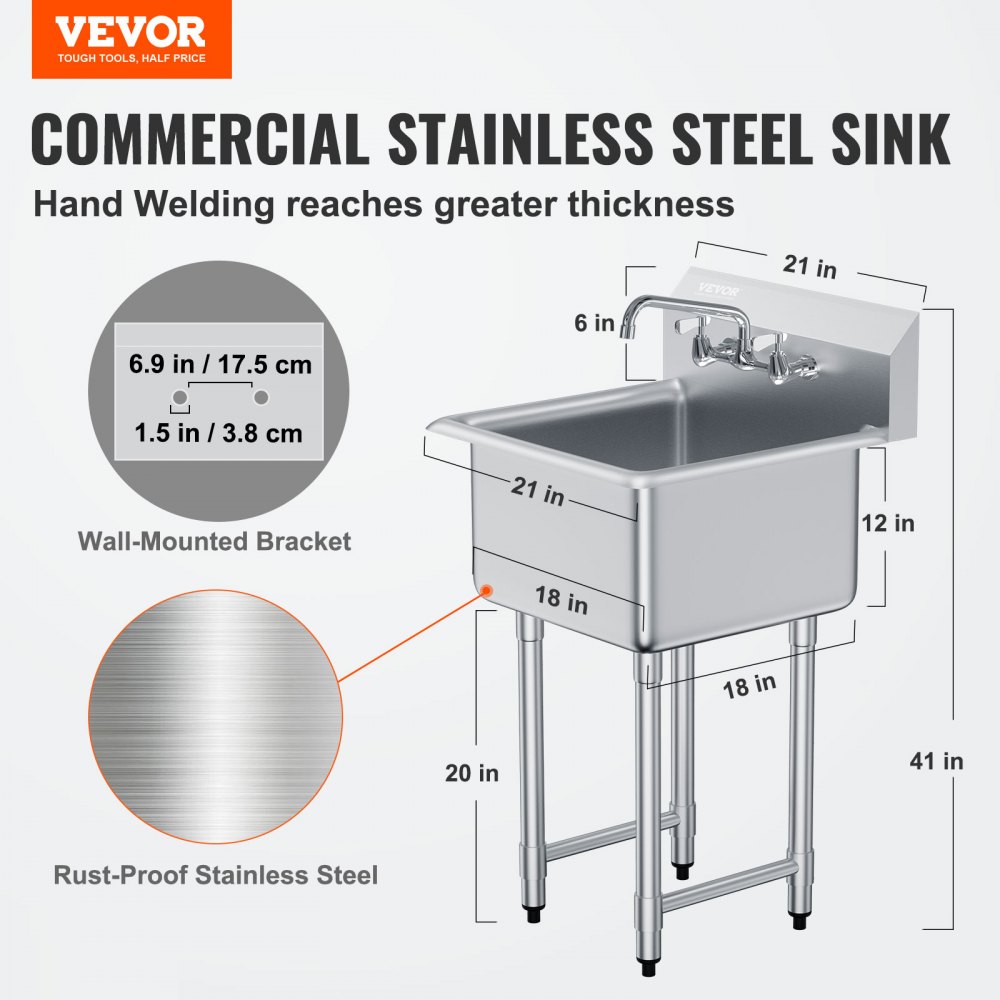 VEVOR Fregadero de Preparación Utilitario de Acero Inoxidable, Fregadero Pequeño de 45,7x45,7 cm 1 Cuenco con Grifo y Patas, Fregadero Comercial para Garaje, Restaurante, Cocina, Lavadero