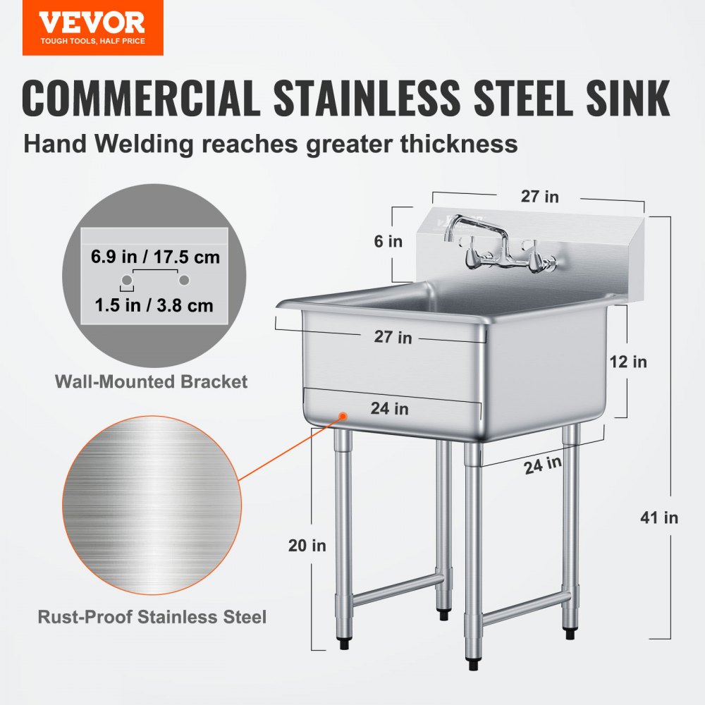 VEVOR Fregadero de acero inoxidable, fregadero de pedestal pequeño de 24,0 x 24,0 pulgadas, con grifo y patas, fregadero comercial para garaje, restaurante, cocina, lavadero