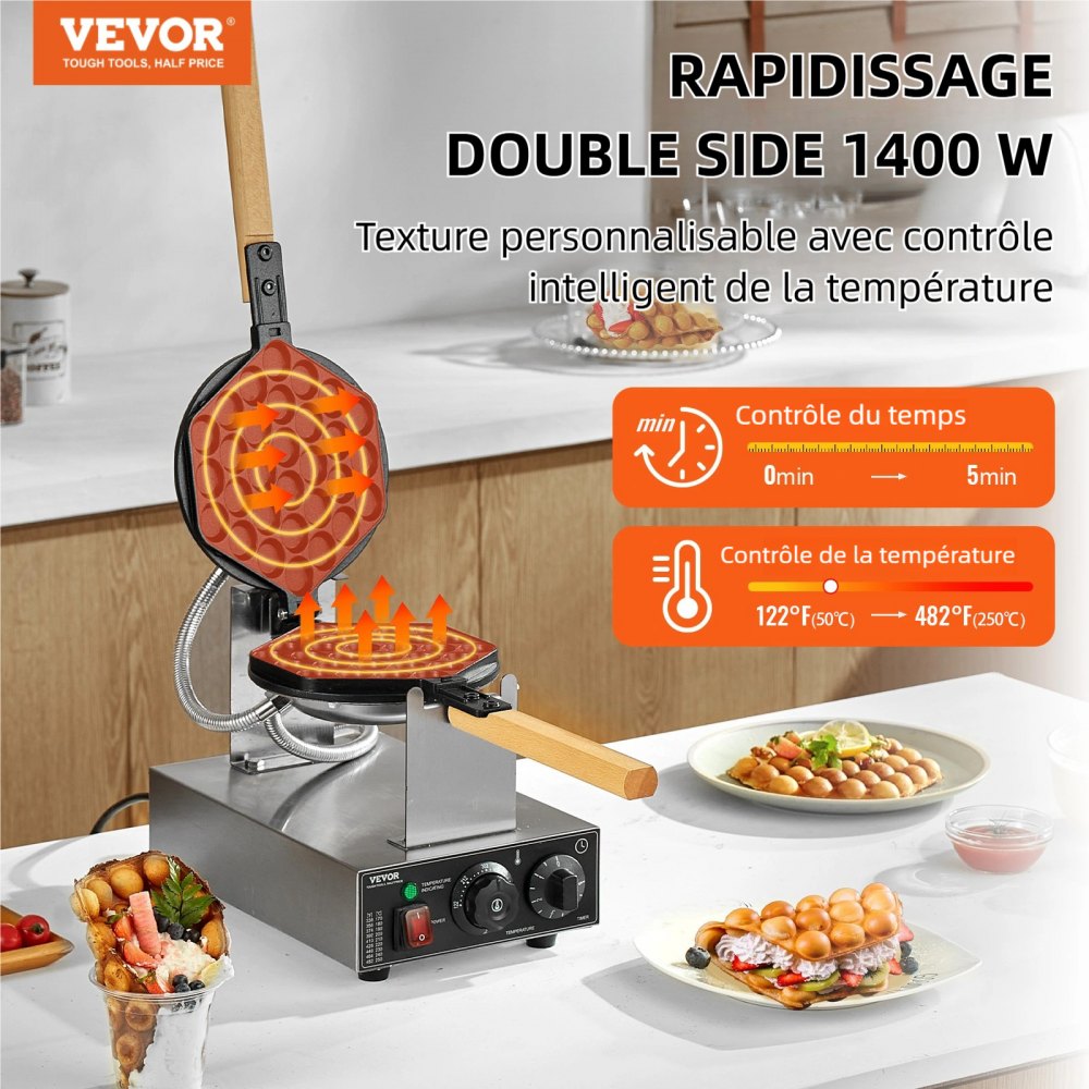 VEVOR Máquina para Hacer Gofres con Burbujas, 1400 W, Acero Inoxidable Antiadherente, Control Temperatura y Tiempo, Mango de Madera, para Restaurantes, Panaderías, 593 x 220 x 268 mm, Plata, 1P