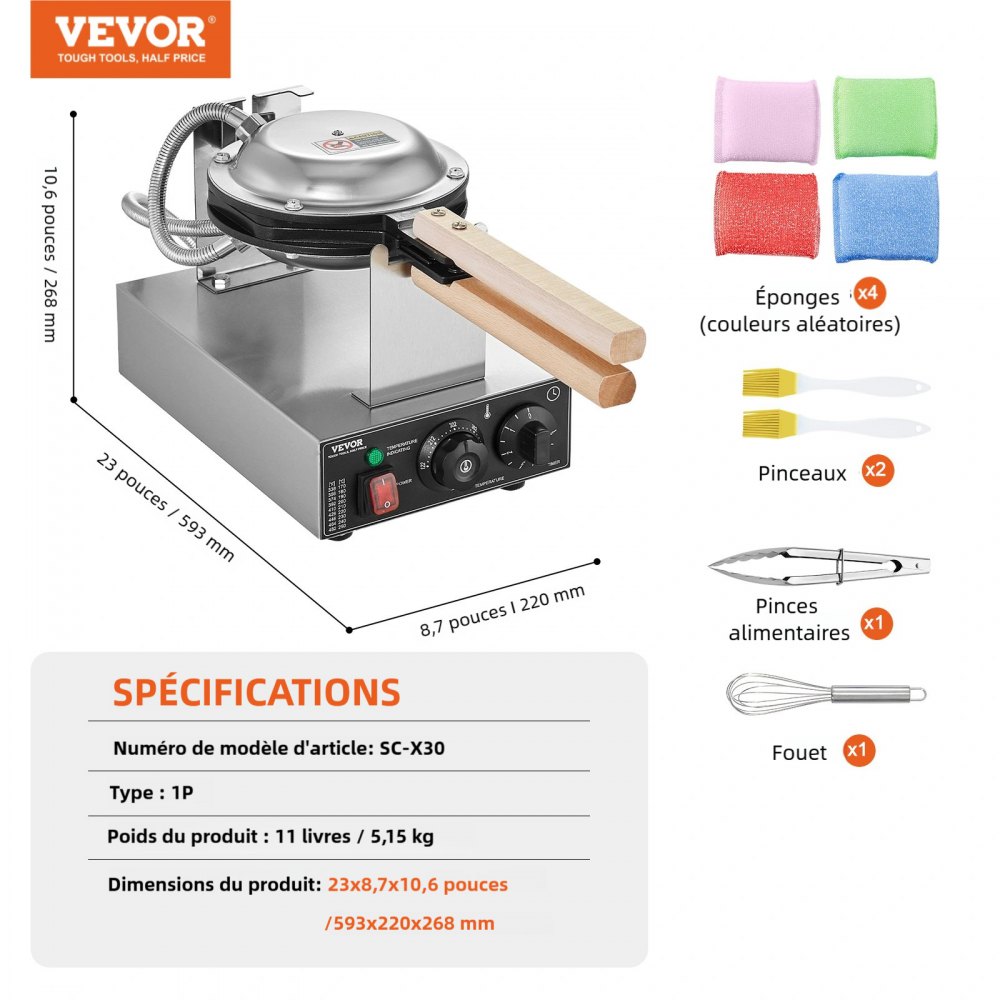 VEVOR Máquina para Hacer Gofres con Burbujas, 1400 W, Acero Inoxidable Antiadherente, Control Temperatura y Tiempo, Mango de Madera, para Restaurantes, Panaderías, 593 x 220 x 268 mm, Plata, 1P