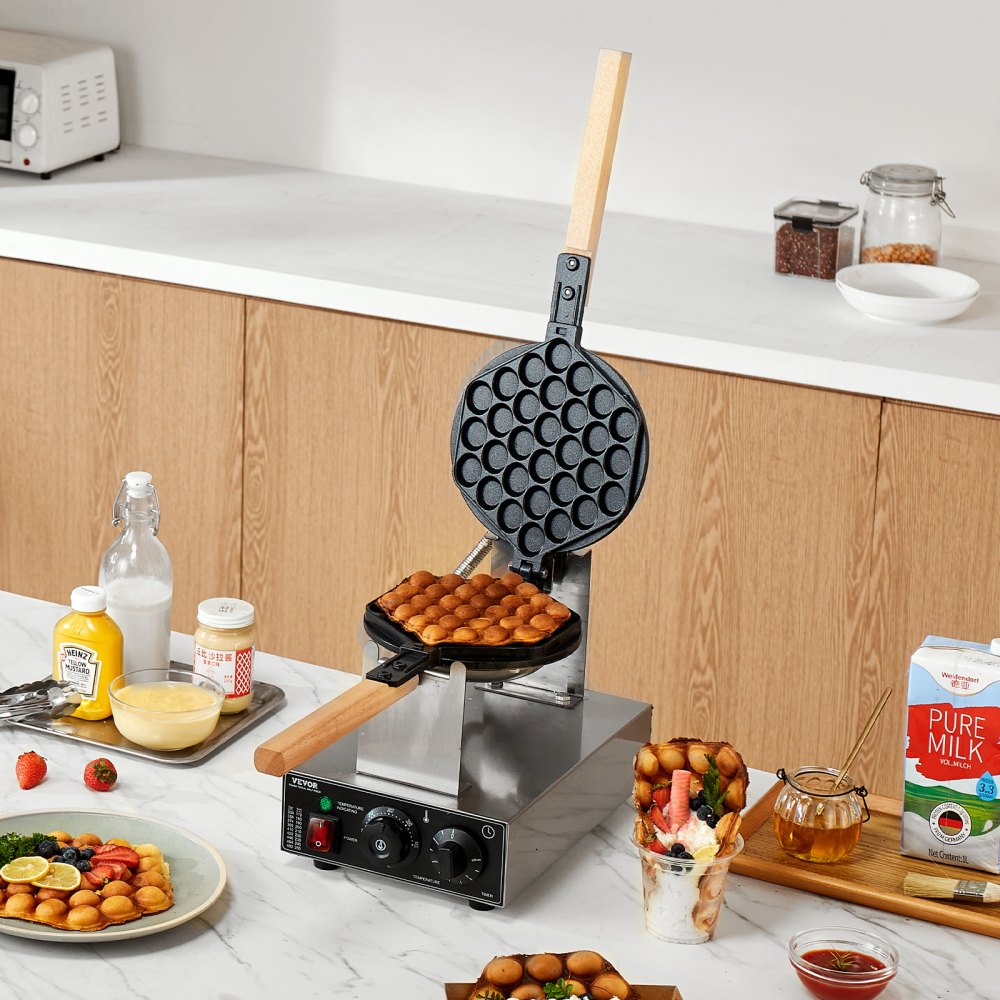 VEVOR Máquina para Hacer Gofres con Burbujas, 1400 W, Acero Inoxidable Antiadherente, Control Temperatura y Tiempo, Mango de Madera, para Restaurantes, Panaderías, 593 x 220 x 268 mm, Plata, 1P