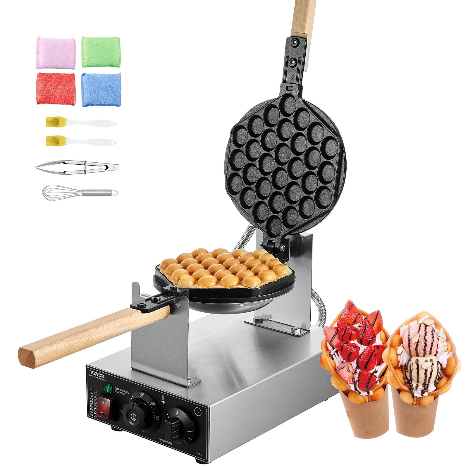 VEVOR Máquina para Hacer Gofres con Burbujas, 1400 W, Acero Inoxidable Antiadherente, Control Temperatura y Tiempo, Mango de Madera, para Restaurantes, Panaderías, 593 x 220 x 268 mm, Plata, 1P