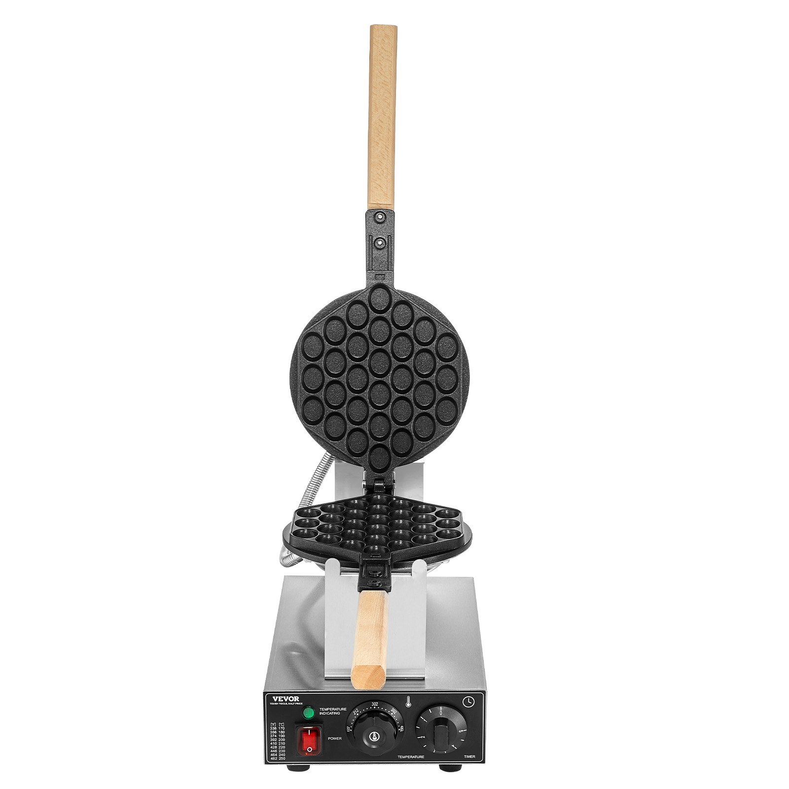 VEVOR Máquina para Hacer Gofres con Burbujas, 1400 W, Acero Inoxidable Antiadherente, Control Temperatura y Tiempo, Mango de Madera, para Restaurantes, Panaderías, 593 x 220 x 268 mm, Plata, 1P