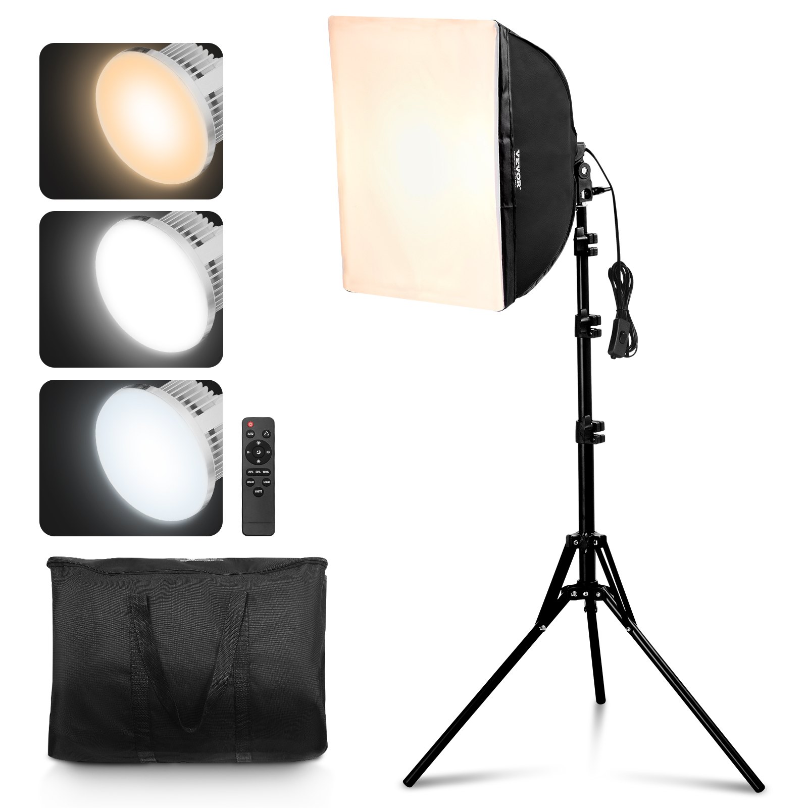 VEVOR Kit de Iluminación Softbox de 400x400mm con Bombillas LED de 45 W, Temperatura de Color Ajustable de 3000-6500 K, Trípode, Control Remoto para Fotografía, Grabación de Video, Transmisión en Vivo