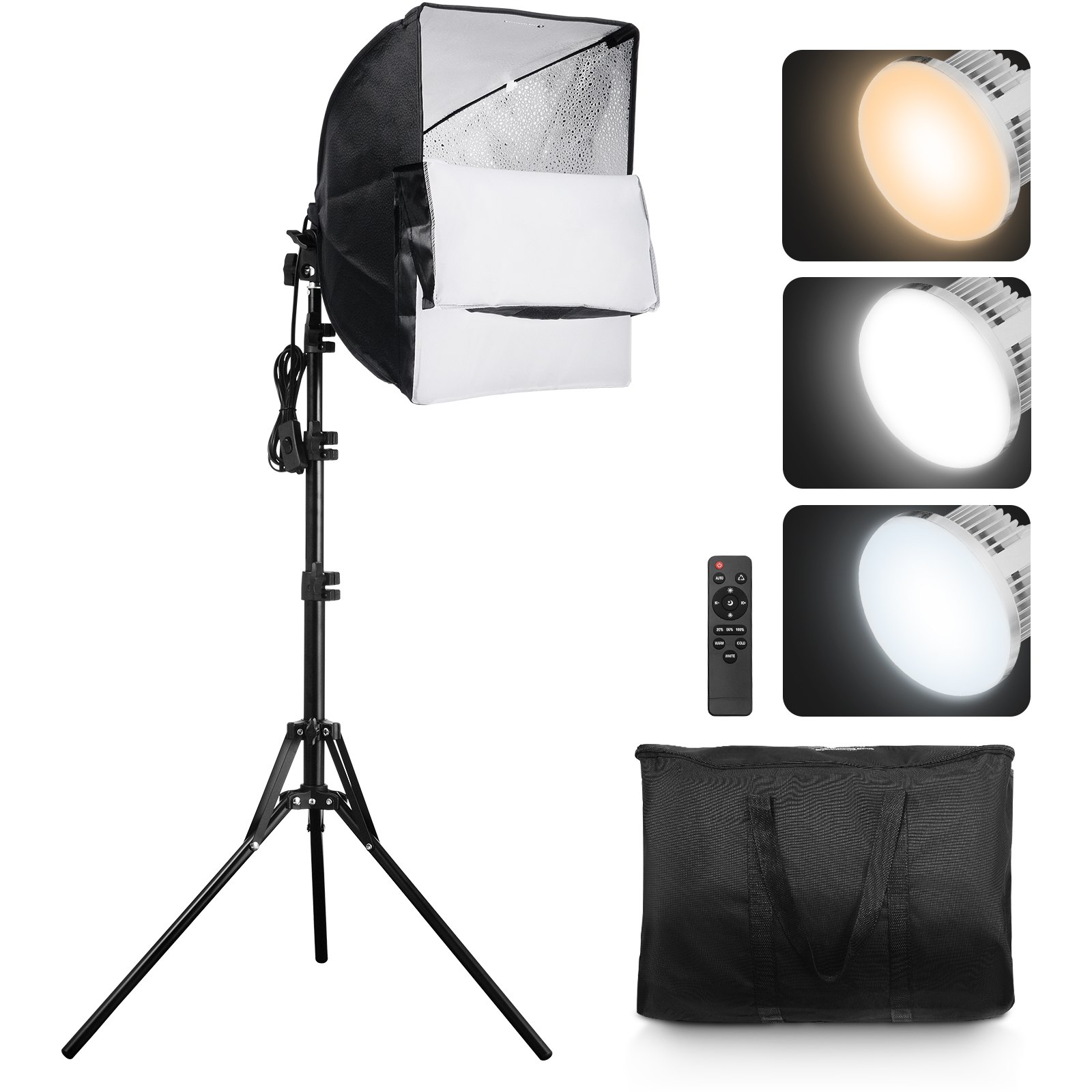 VEVOR Kit de Iluminación Softbox de 400x400mm con Bombillas LED de 45 W, Temperatura de Color Ajustable de 3000-6500 K, Trípode, Control Remoto para Fotografía, Grabación de Video, Transmisión en Vivo