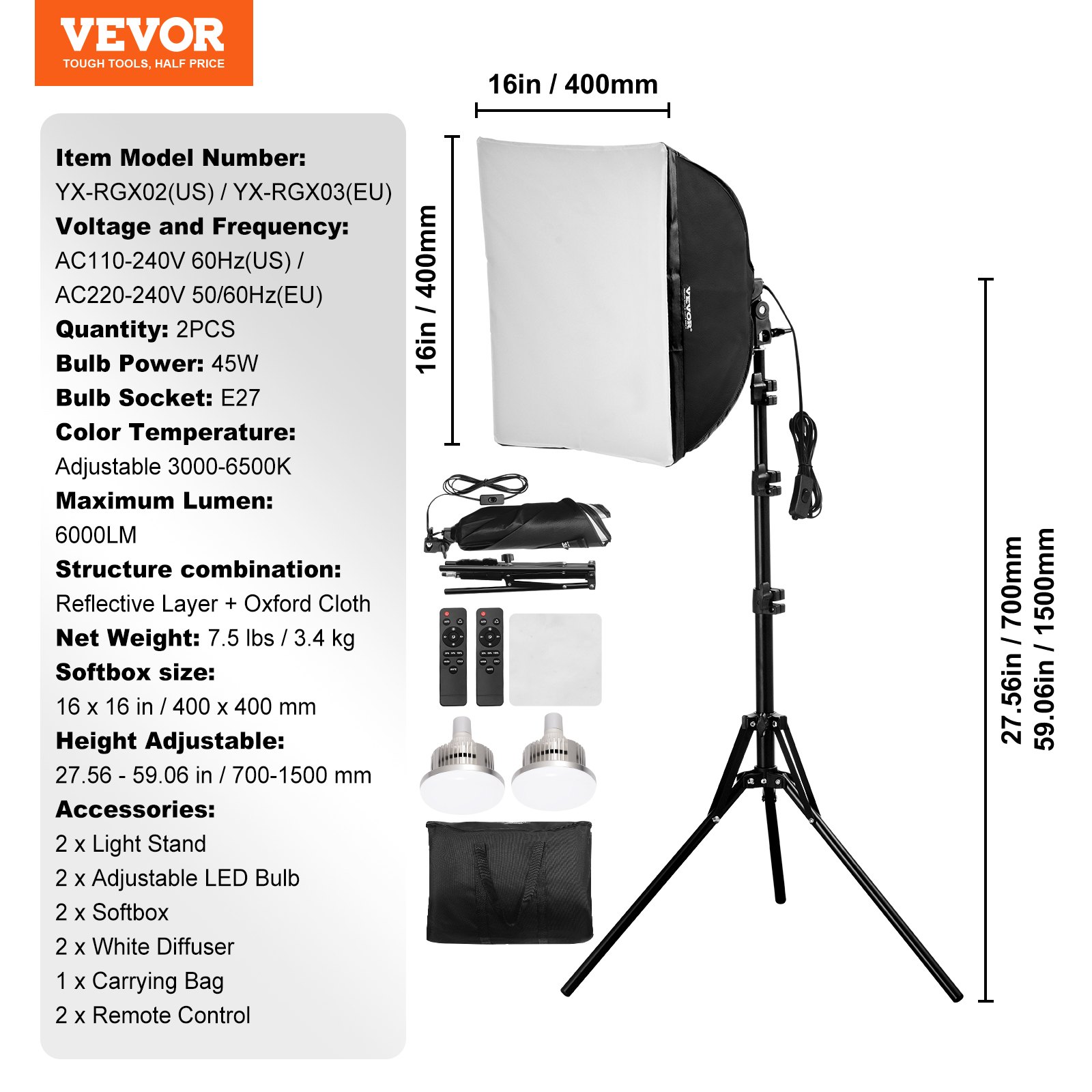VEVOR 2 PCS Kit de Iluminación Softbox de 400x400mm con Bombillas LED de 45 W, Temperatura de Color Ajustable de 3000-6500 K, Trípode, Control Remoto para Grabación de Video, Transmisión en Vivo