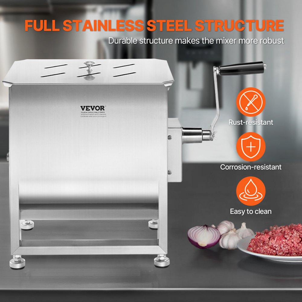 VEVOR Mezcladora de Carne Manual Tanque 30 L Equipo de Procesamiento de Carne Mezcla Máxima 20,4 kg Mezcladora de Salchichas de Acero Inoxidable Batidora de Carne con Tapa, Reductor de Engranajes