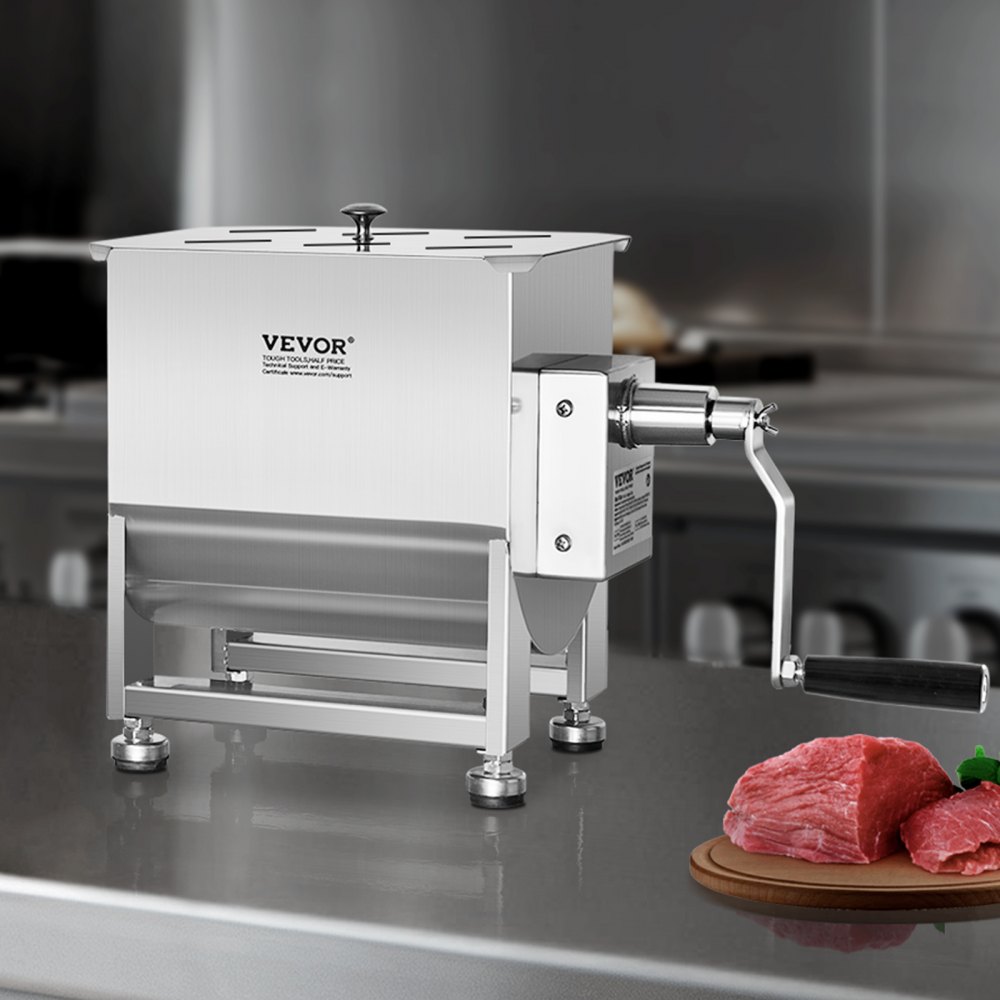 VEVOR Mezcladora de Carne Manual Tanque 30 L Equipo de Procesamiento de Carne Mezcla Máxima 20,4 kg Mezcladora de Salchichas de Acero Inoxidable Batidora de Carne con Tapa, Reductor de Engranajes