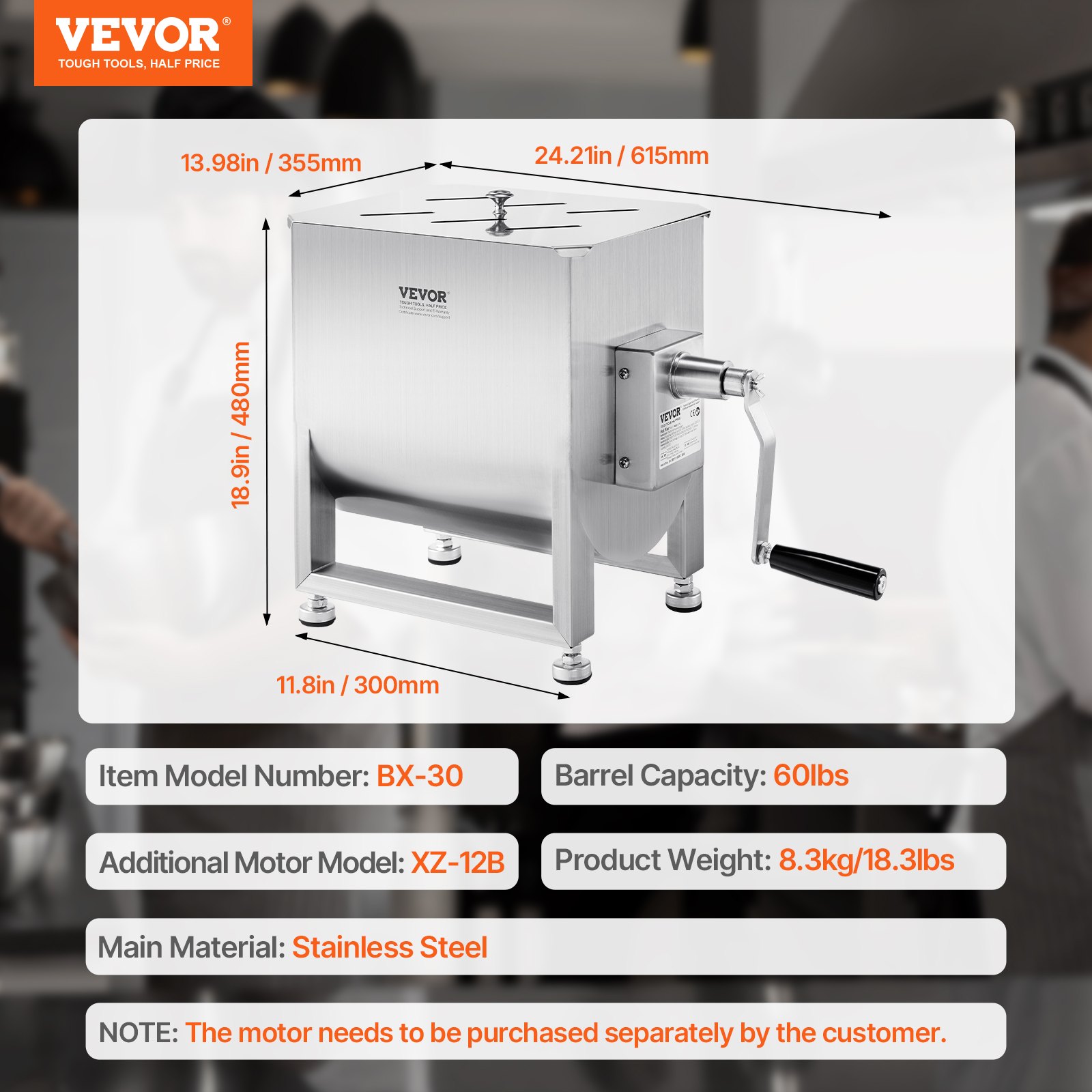 VEVOR manual meat mixer 30 L meat processing appliance (maximum mixing of 27.2 kg of meat), stainless steel meat mixer, sausage mixer with reduction gear, hand mixer for minced meat