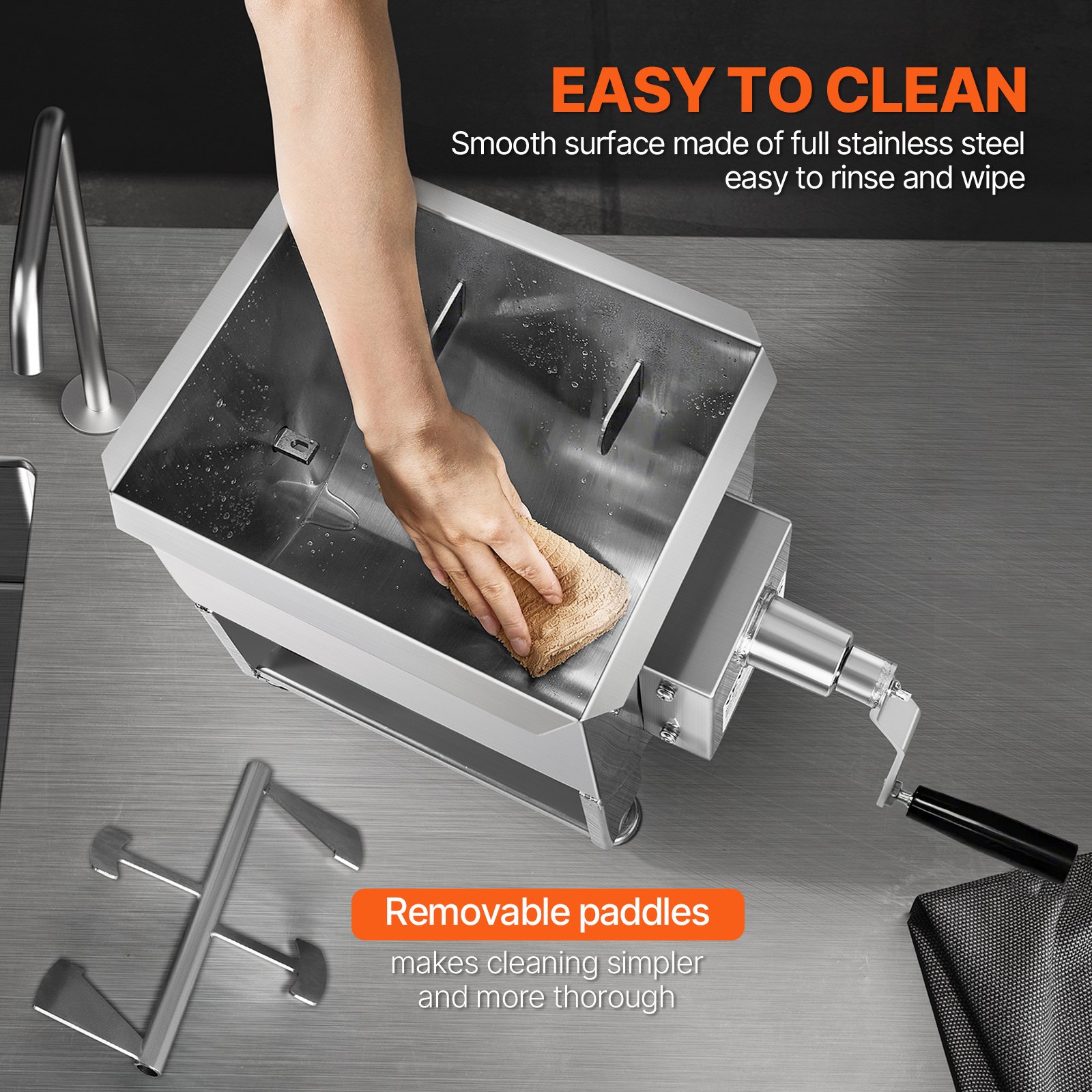 VEVOR Mezcladora de Carne Manual Tanque 30 L Equipo de Procesamiento de Carne Mezcla Máxima 20,4 kg Mezcladora de Salchichas de Acero Inoxidable Batidora de Carne con Tapa, Reductor de Engranajes