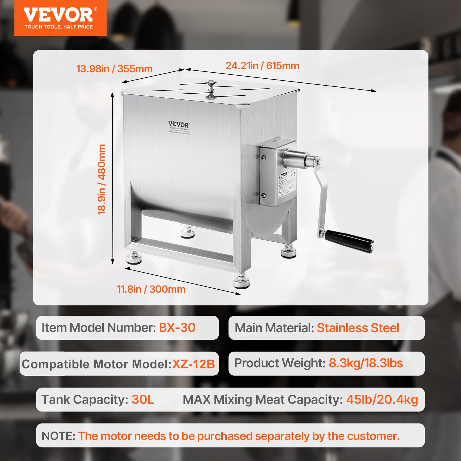 VEVOR Mezcladora de Carne Manual Tanque 30 L Equipo de Procesamiento de Carne Mezcla Máxima 20,4 kg Mezcladora de Salchichas de Acero Inoxidable Batidora de Carne con Tapa, Reductor de Engranajes