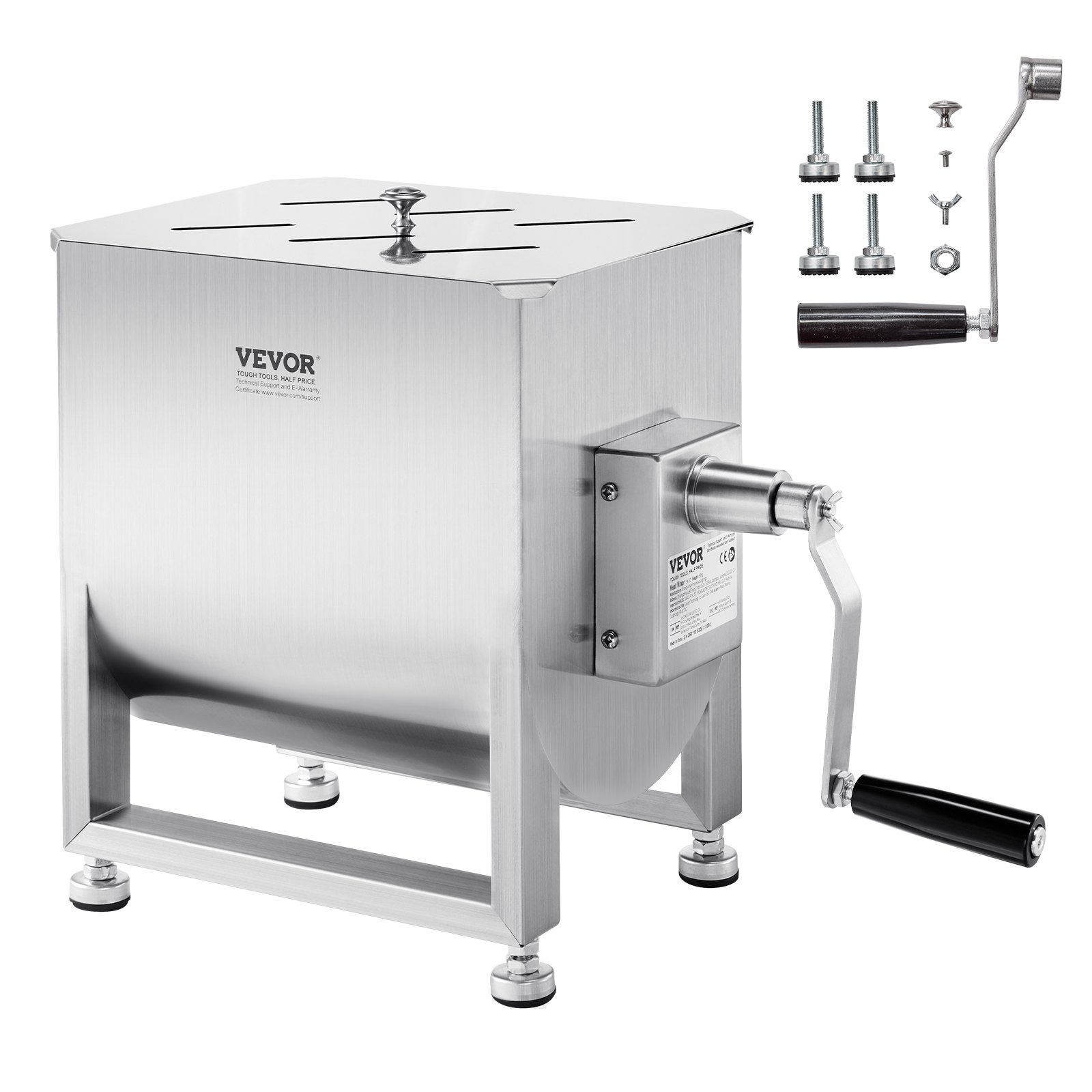 VEVOR Mezcladora de Carne Manual Tanque 30 L Equipo de Procesamiento de Carne Mezcla Máxima 20,4 kg Mezcladora de Salchichas de Acero Inoxidable Batidora de Carne con Tapa, Reductor de Engranajes
