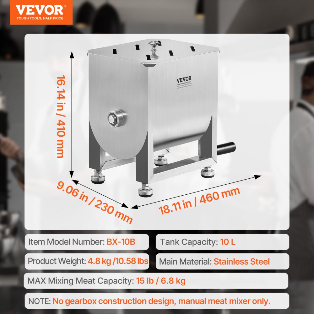 VEVOR Mezcladora de Carne Manual de Acero Inoxidable, Equipo de Procesamiento de Carne con Tanque Fijo de 10 L, Batidora de Carne Capacidad Máxima de 6,8 kg, Mezcladora de Salchichas con Tapa y Asa