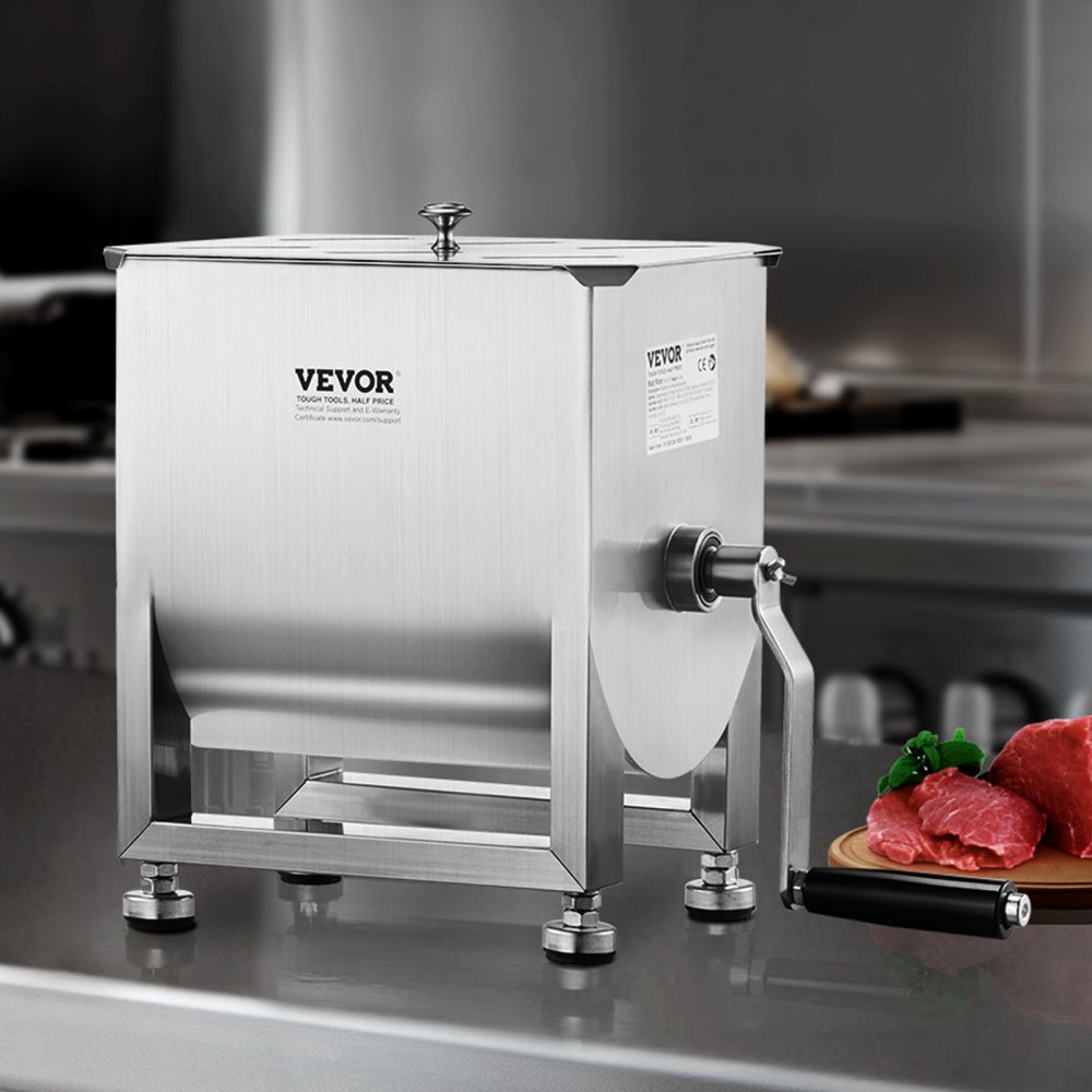 VEVOR Mezcladora de Carne Manual de Acero Inoxidable, Equipo de Procesamiento de Carne con Tanque Fijo de 10 L, Batidora de Carne Capacidad Máxima de 6,8 kg, Mezcladora de Salchichas con Tapa y Asa