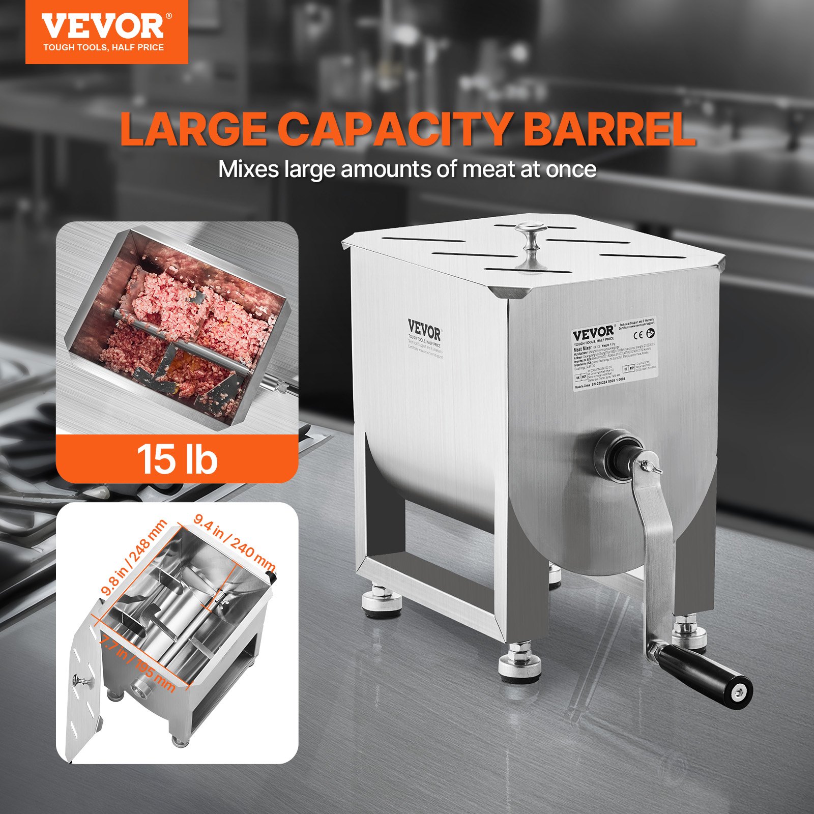 VEVOR Mezcladora de Carne Manual de Acero Inoxidable Equipo de Procesamiento de Carne Tanque Fijo de 15 L Batidora de Carne Capacidad Máxima de 7 kg Mezcladora de Salchichas con Tapa y Asa
