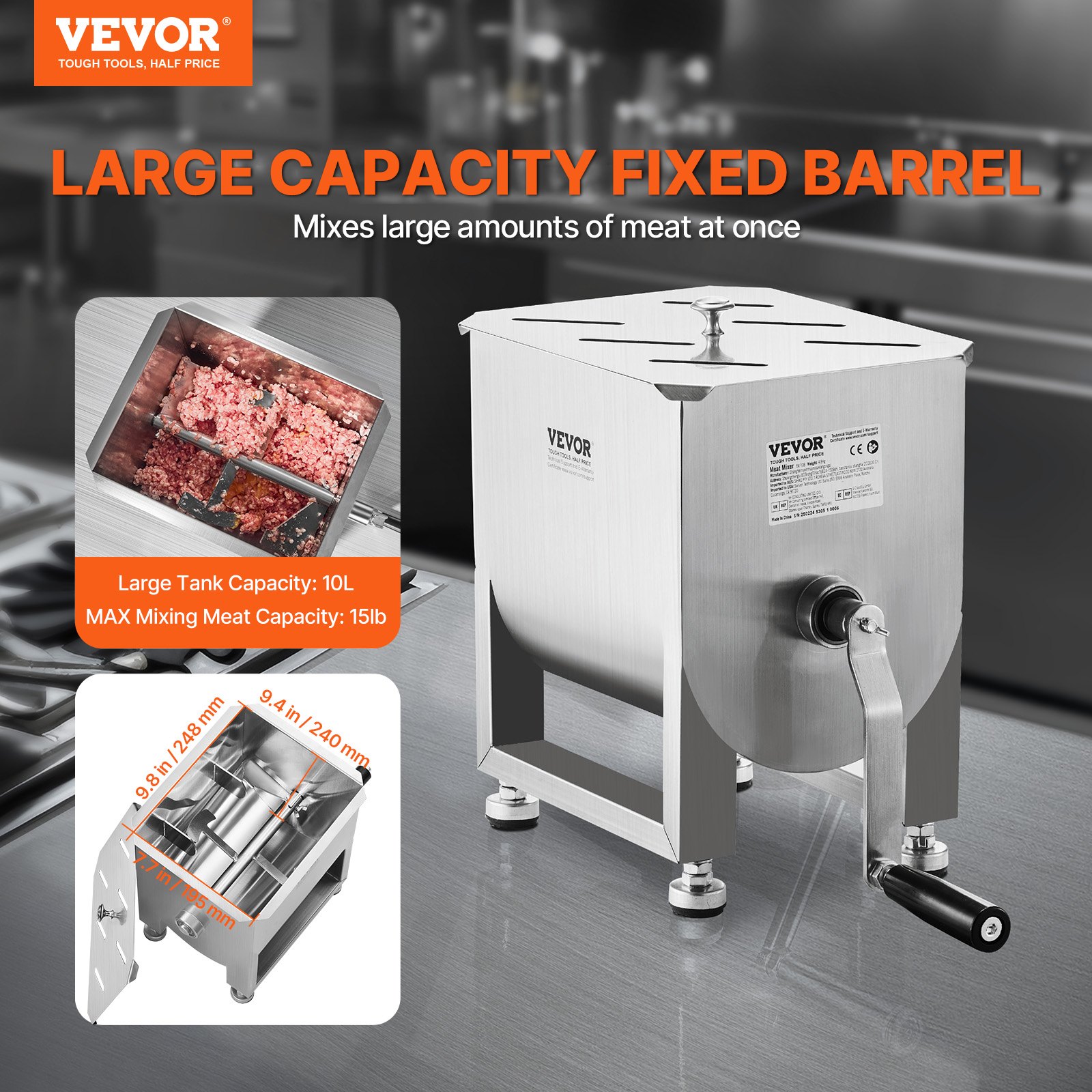 VEVOR Mezcladora de Carne Manual de Acero Inoxidable, Equipo de Procesamiento de Carne con Tanque Fijo de 10 L, Batidora de Carne Capacidad Máxima de 6,8 kg, Mezcladora de Salchichas con Tapa y Asa