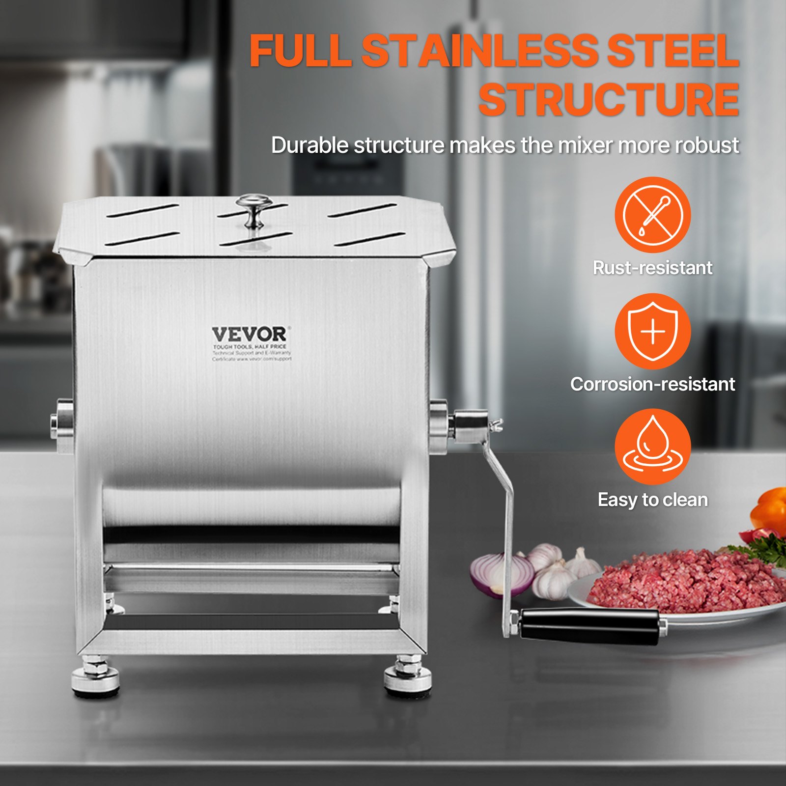 VEVOR Mezcladora de Carne Manual de Acero Inoxidable, Equipo de Procesamiento de Carne con Tanque Fijo de 10 L, Batidora de Carne Capacidad Máxima de 6,8 kg, Mezcladora de Salchichas con Tapa y Asa