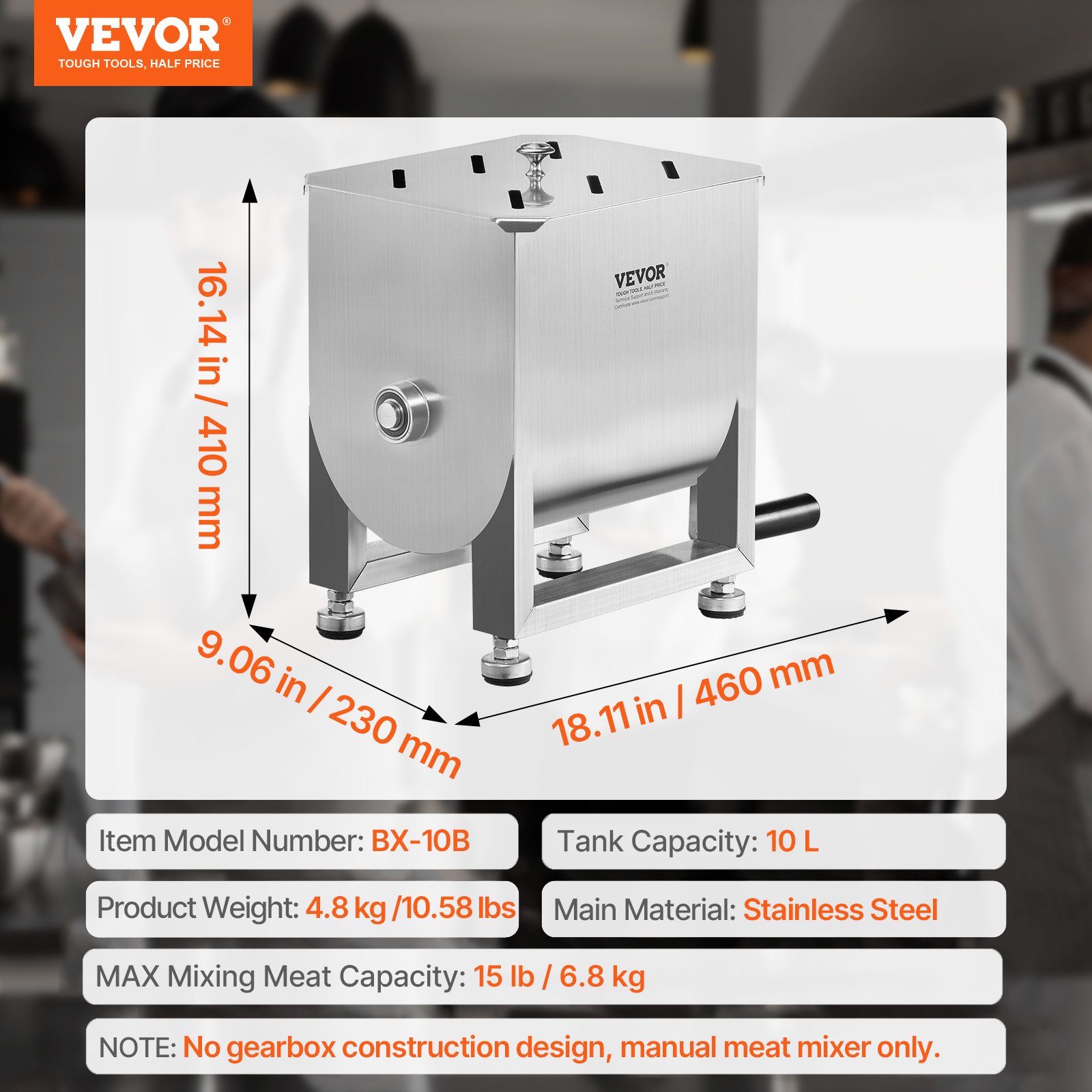 VEVOR Mezcladora de Carne Manual de Acero Inoxidable, Equipo de Procesamiento de Carne con Tanque Fijo de 10 L, Batidora de Carne Capacidad Máxima de 6,8 kg, Mezcladora de Salchichas con Tapa y Asa