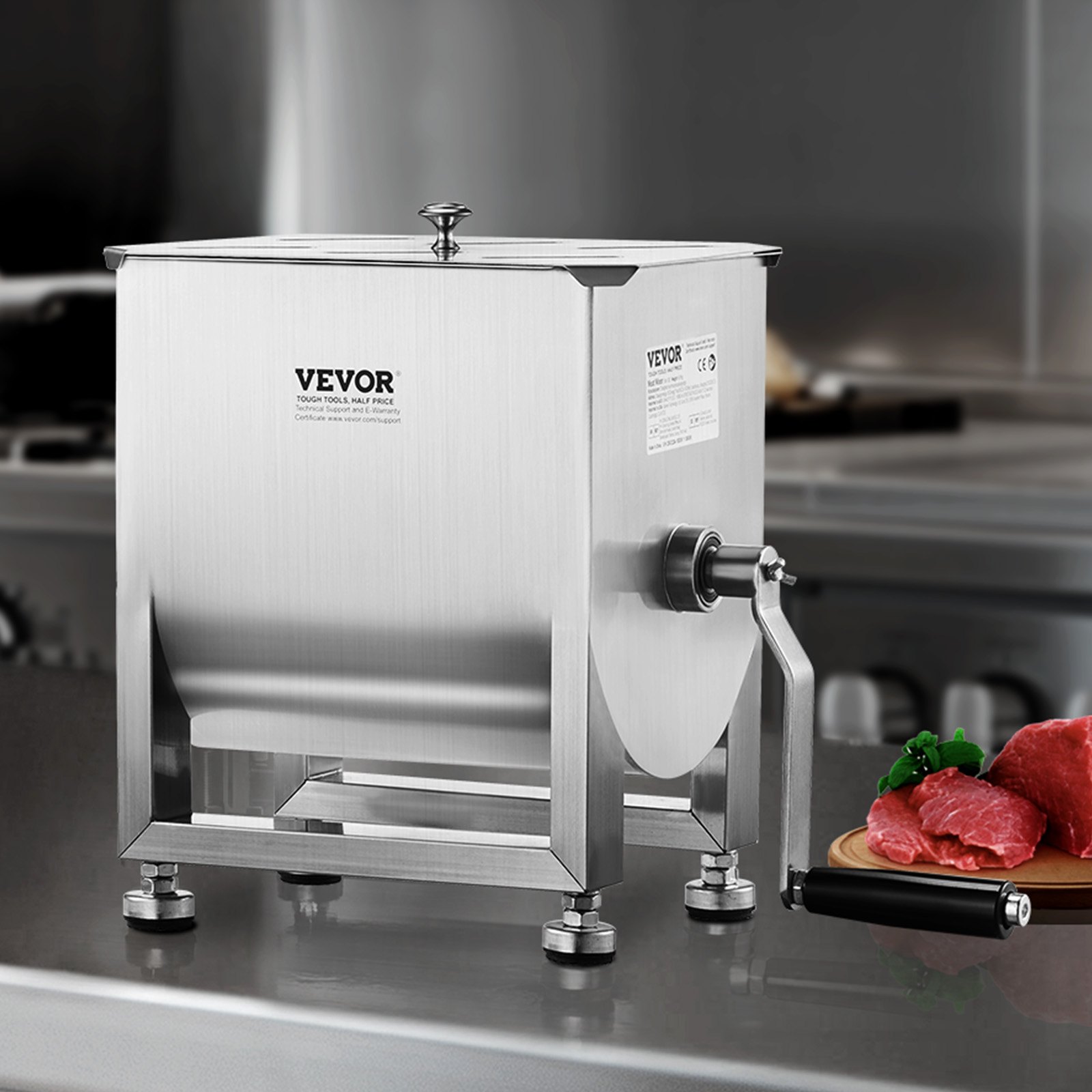 VEVOR Mezcladora de Carne Manual de Acero Inoxidable, Equipo de Procesamiento de Carne con Tanque Fijo de 10 L, Batidora de Carne Capacidad Máxima de 6,8 kg, Mezcladora de Salchichas con Tapa y Asa