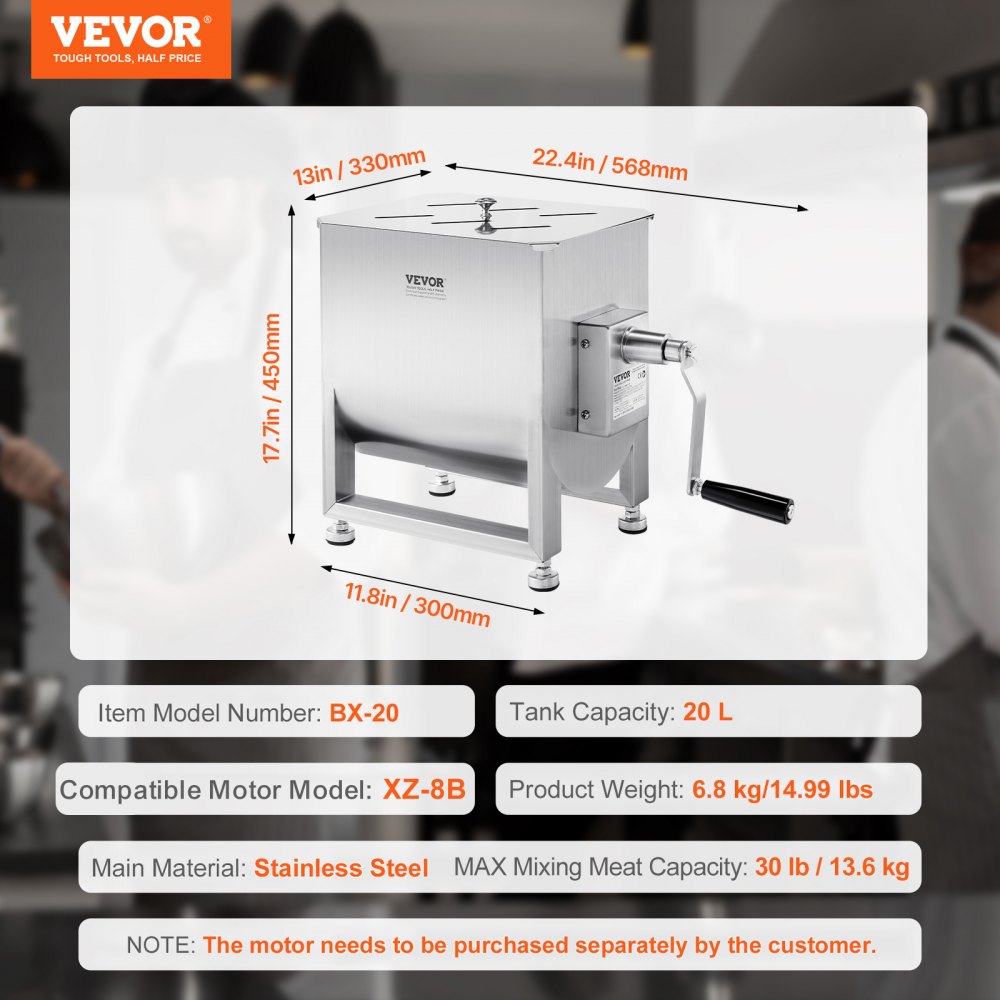 VEVOR Mezcladora de Carne Manual Tanque de 20 L, Equipo de Procesamiento de Carne, Capacidad Máxima de Mezcla de 13,6 kg, Mezcladora de Salchichas de Acero Inoxidable con Tapa, Caja de Engranajes
