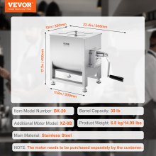 VEVOR Mezcladora de Carne Manual Tanque 30L Mezcla Máxima 13,6kg para Salchichas