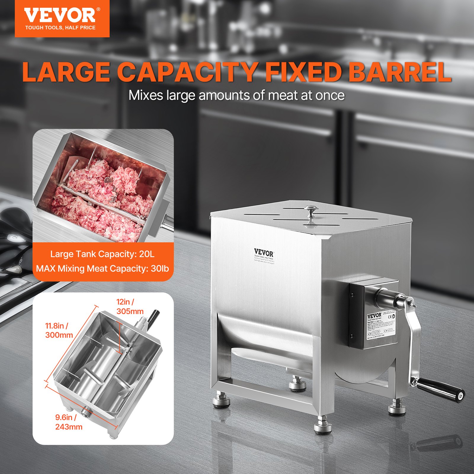VEVOR Mezcladora de Carne Manual Tanque de 20 L, Equipo de Procesamiento de Carne, Capacidad Máxima de Mezcla de 13,6 kg, Mezcladora de Salchichas de Acero Inoxidable con Tapa, Caja de Engranajes