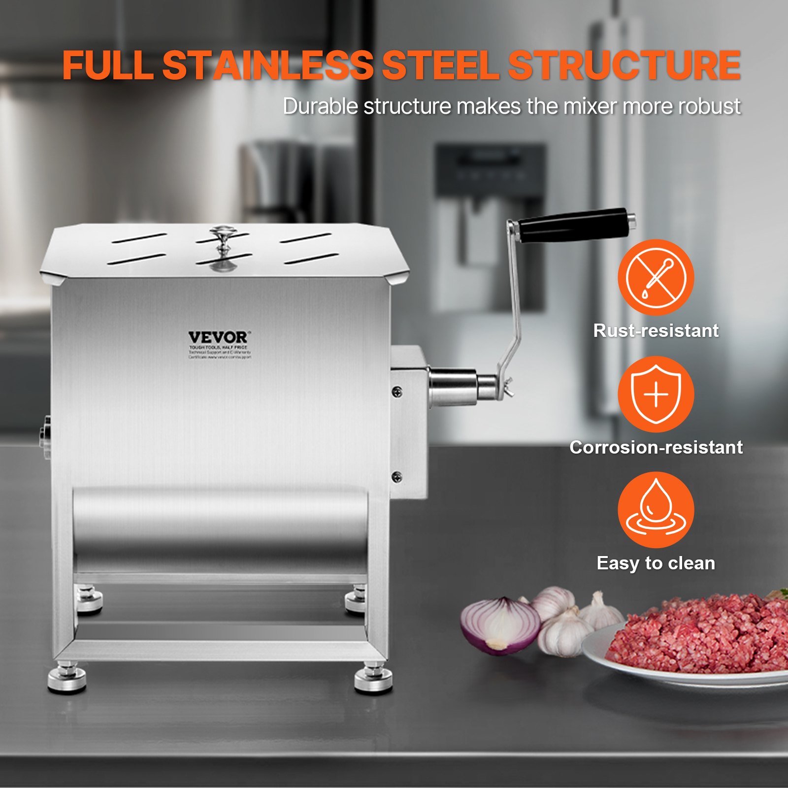 VEVOR Mezcladora de Carne Manual Tanque de 20 L, Equipo de Procesamiento de Carne, Capacidad Máxima de Mezcla de 13,6 kg, Mezcladora de Salchichas de Acero Inoxidable con Tapa, Caja de Engranajes