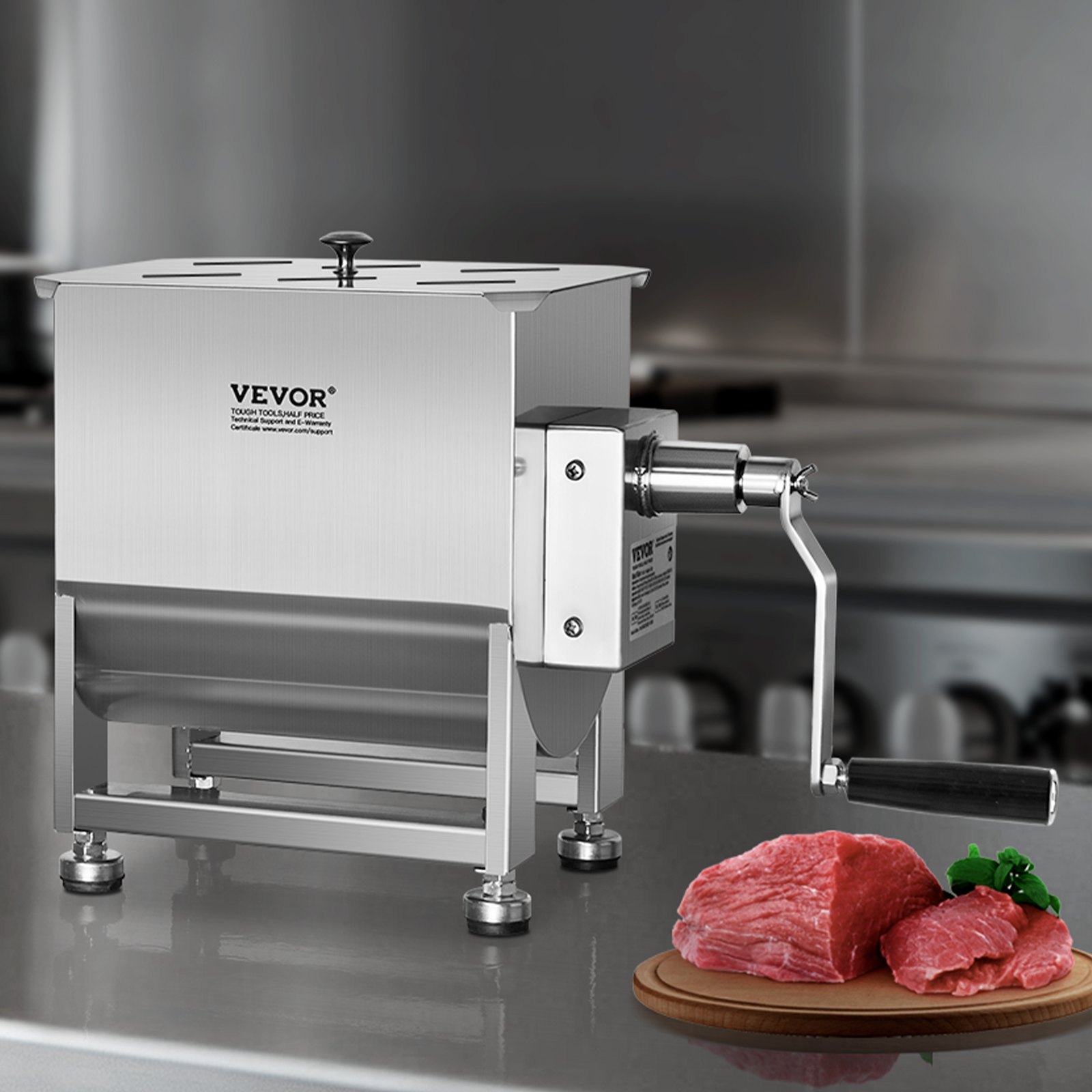 VEVOR Mezcladora de Carne Manual Tanque de 20 L, Equipo de Procesamiento de Carne, Capacidad Máxima de Mezcla de 13,6 kg, Mezcladora de Salchichas de Acero Inoxidable con Tapa, Caja de Engranajes