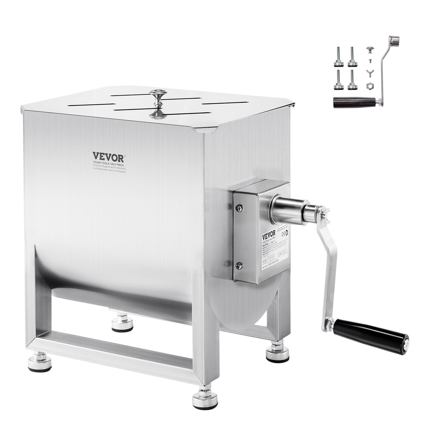 VEVOR Mezcladora de Carne Manual Tanque de 20 L, Equipo de Procesamiento de Carne, Capacidad Máxima de Mezcla de 13,6 kg, Mezcladora de Salchichas de Acero Inoxidable con Tapa, Caja de Engranajes