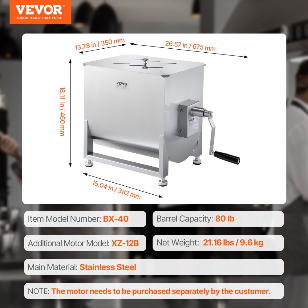 VEVOR Mezcladora de Carne Manual Tanque de 40 L, Equipo de Procesamiento de Carne, Capacidad Máxima de Mezcla de 27,2 kg, Mezcladora de Salchichas de Acero Inoxidable con Tapa, Caja de Engranajes