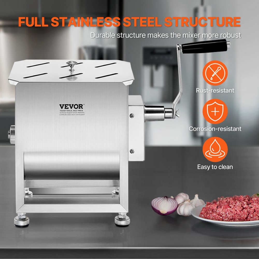 VEVOR Mezcladora de Carne Manual Tanque de 10 L, Equipo de Procesamiento de Carne, Capacidad Máxima de Mezcla de 6,8 kg, Mezcladora de Salchichas de Acero Inoxidable con Tapa, Caja de Engranajes