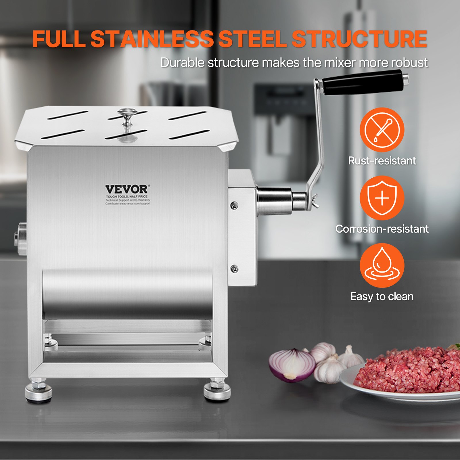 VEVOR Mezcladora de Carne Manual Tanque de 10 L, Equipo de Procesamiento de Carne, Capacidad Máxima de Mezcla de 6,8 kg, Mezcladora de Salchichas de Acero Inoxidable con Tapa, Caja de Engranajes