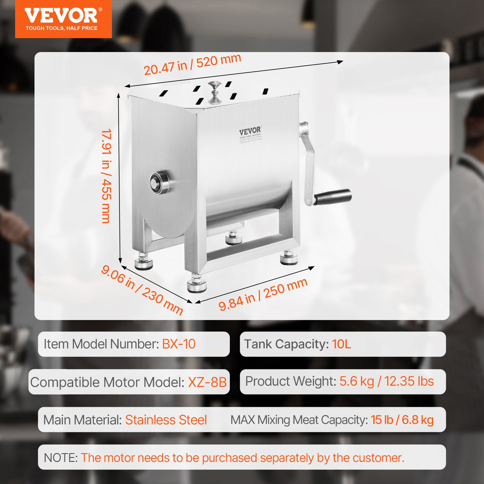 VEVOR Mezcladora de Carne Manual Tanque de 10 L, Equipo de Procesamiento de Carne, Capacidad Máxima de Mezcla de 6,8 kg, Mezcladora de Salchichas de Acero Inoxidable con Tapa, Caja de Engranajes