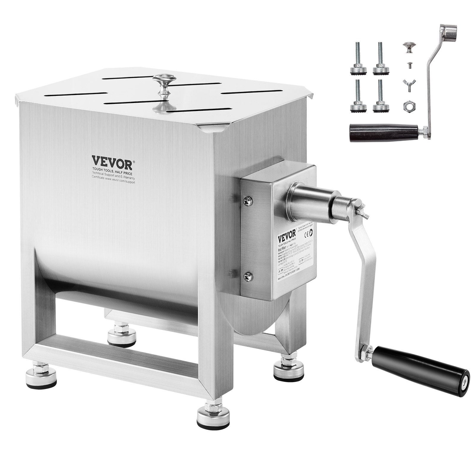VEVOR Mezcladora de Carne Manual Tanque de 10 L, Equipo de Procesamiento de Carne, Capacidad Máxima de Mezcla de 6,8 kg, Mezcladora de Salchichas de Acero Inoxidable con Tapa, Caja de Engranajes